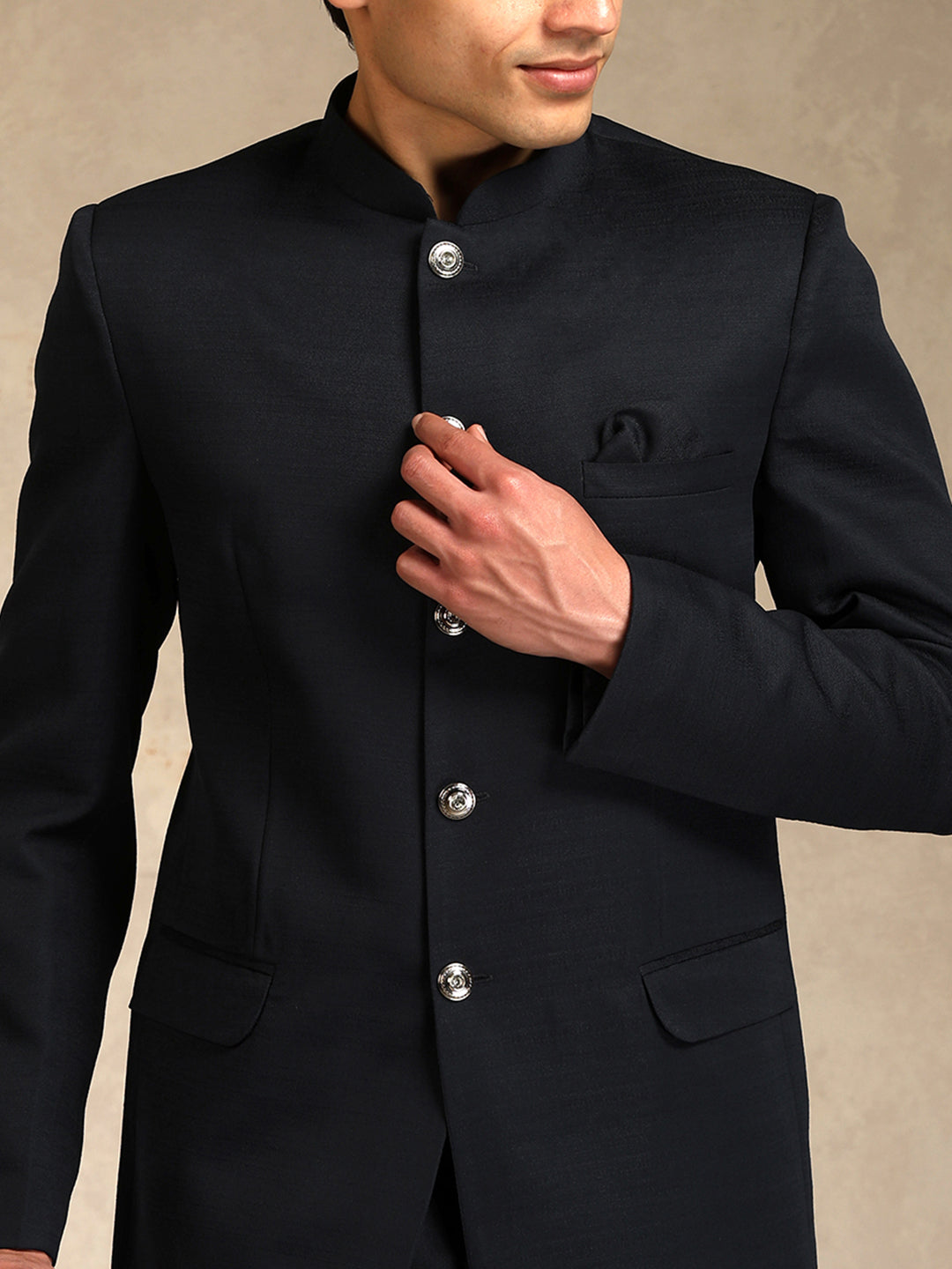 Black Poly Viscose Solid Bandhgala Trouser Set