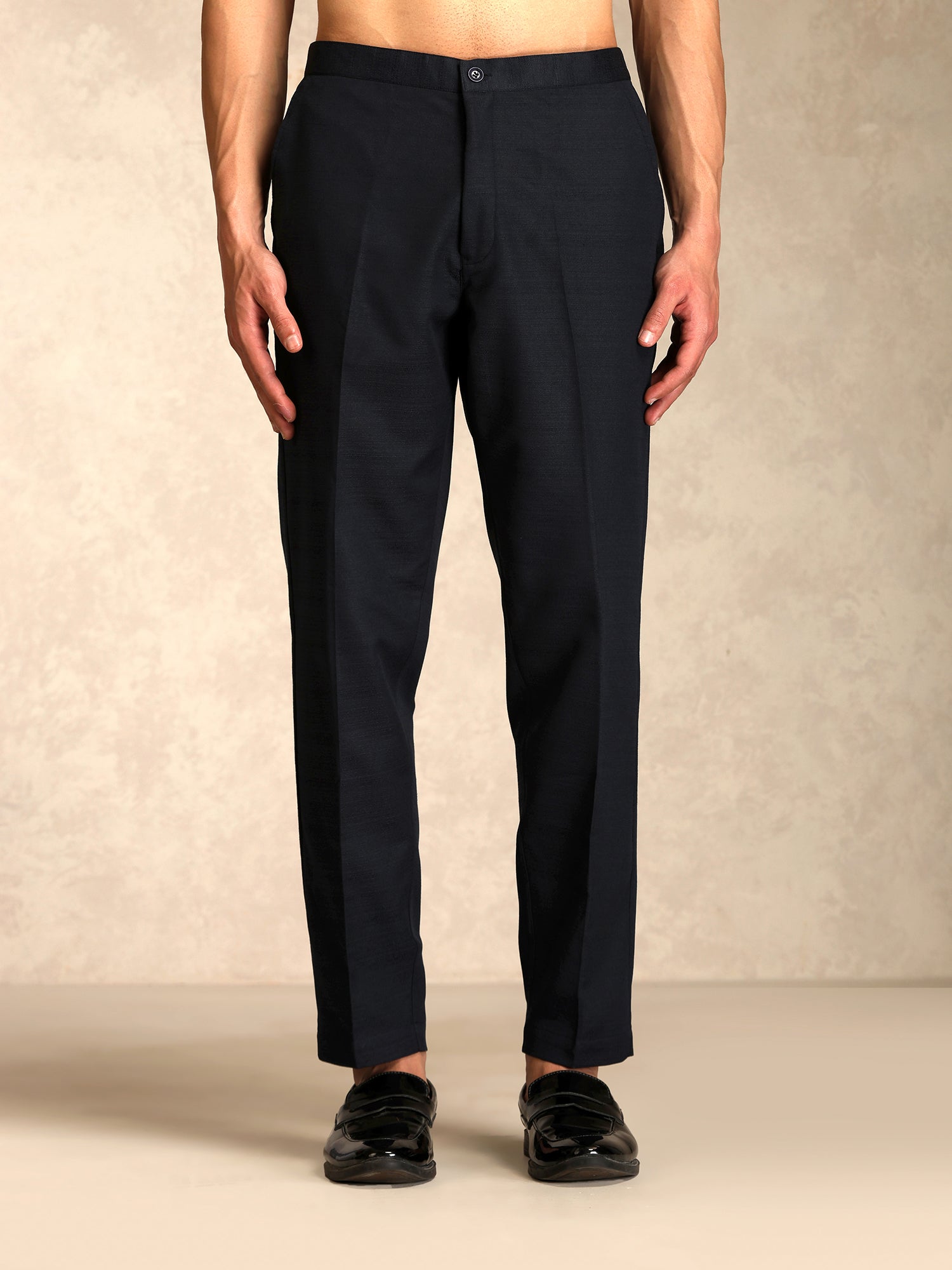 Black Poly Viscose Solid Bandhgala Trouser Set