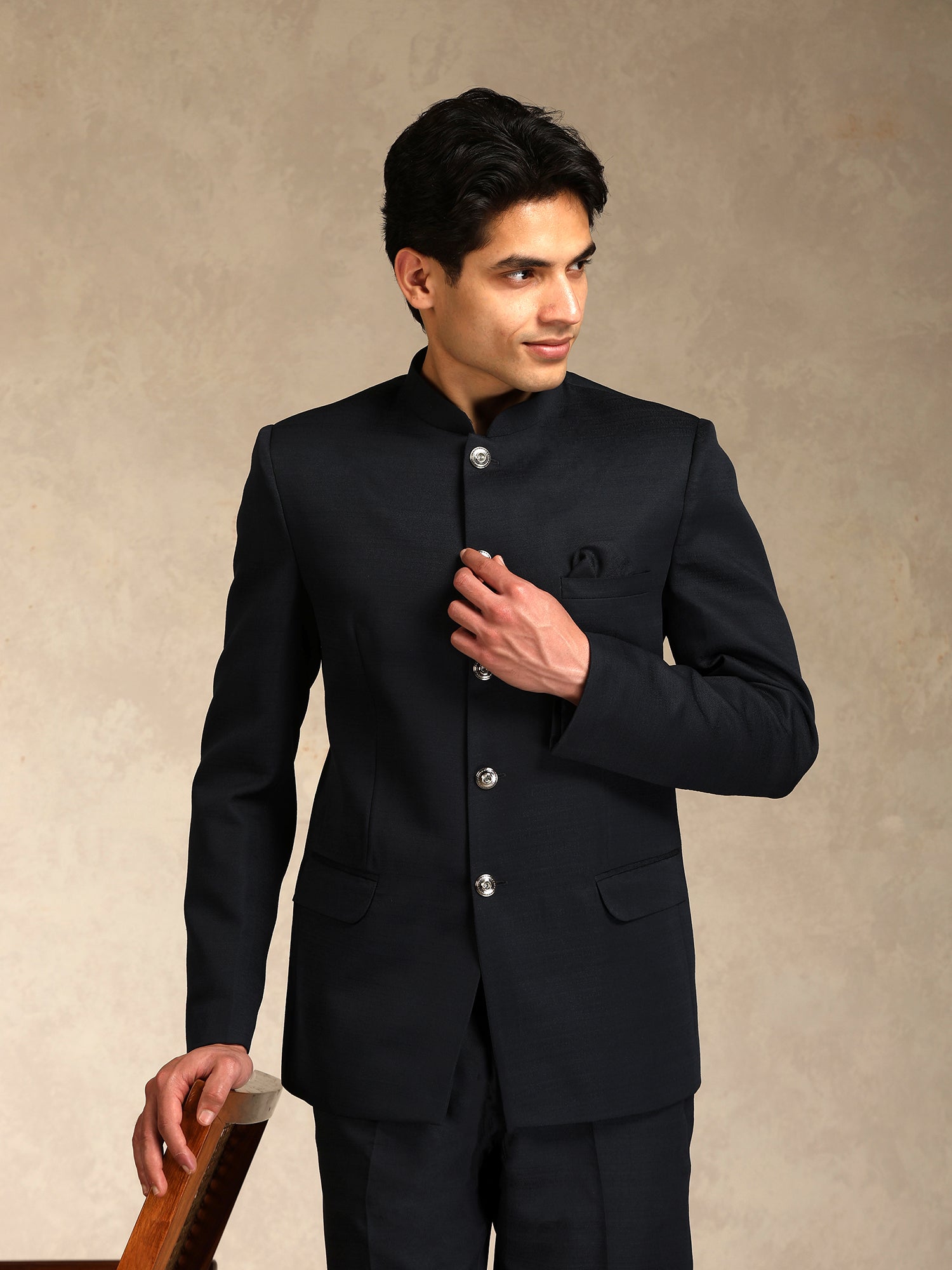 Black Poly Viscose Solid Bandhgala Trouser Set