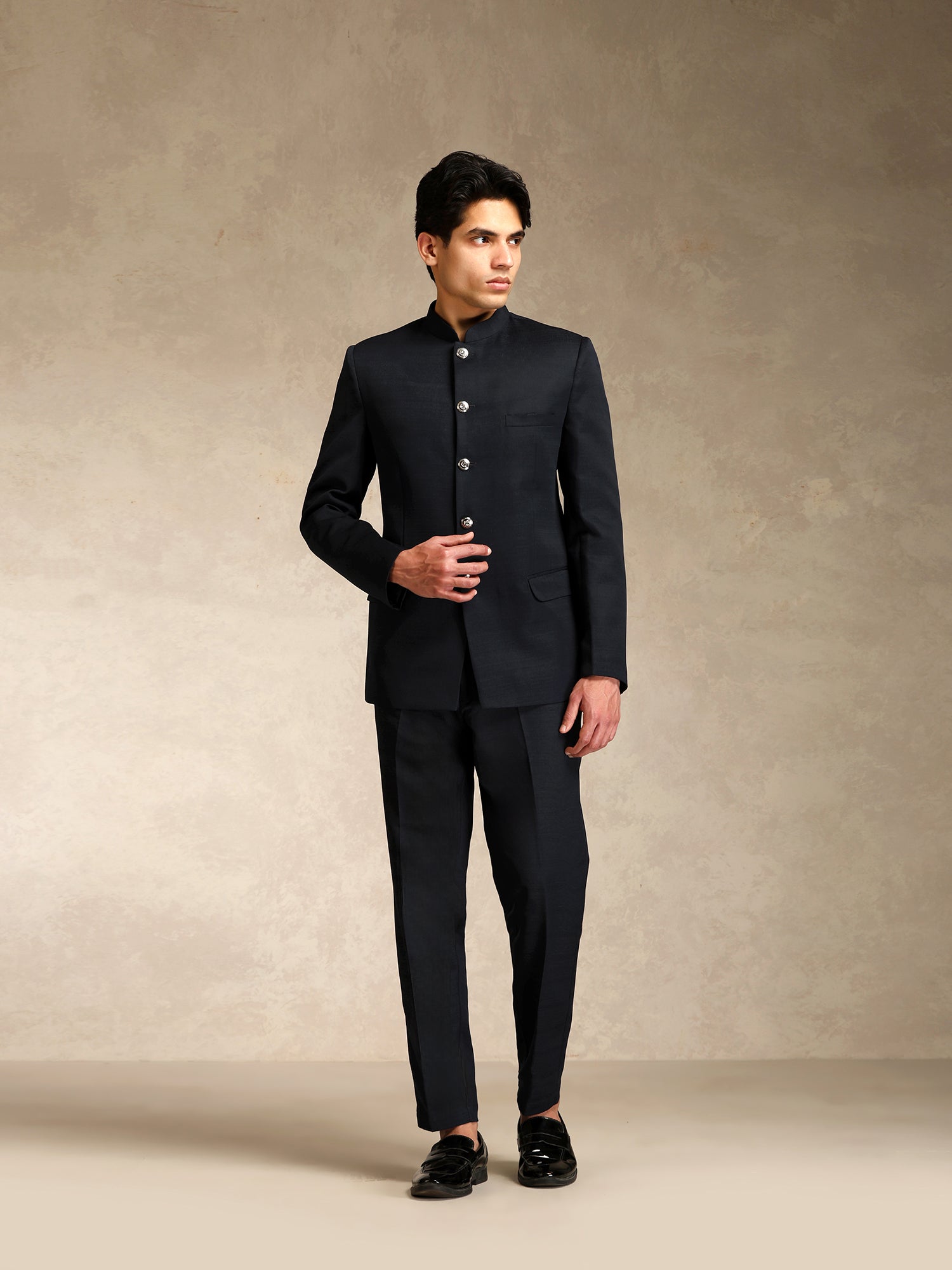 Black Poly Viscose Solid Bandhgala Trouser Set