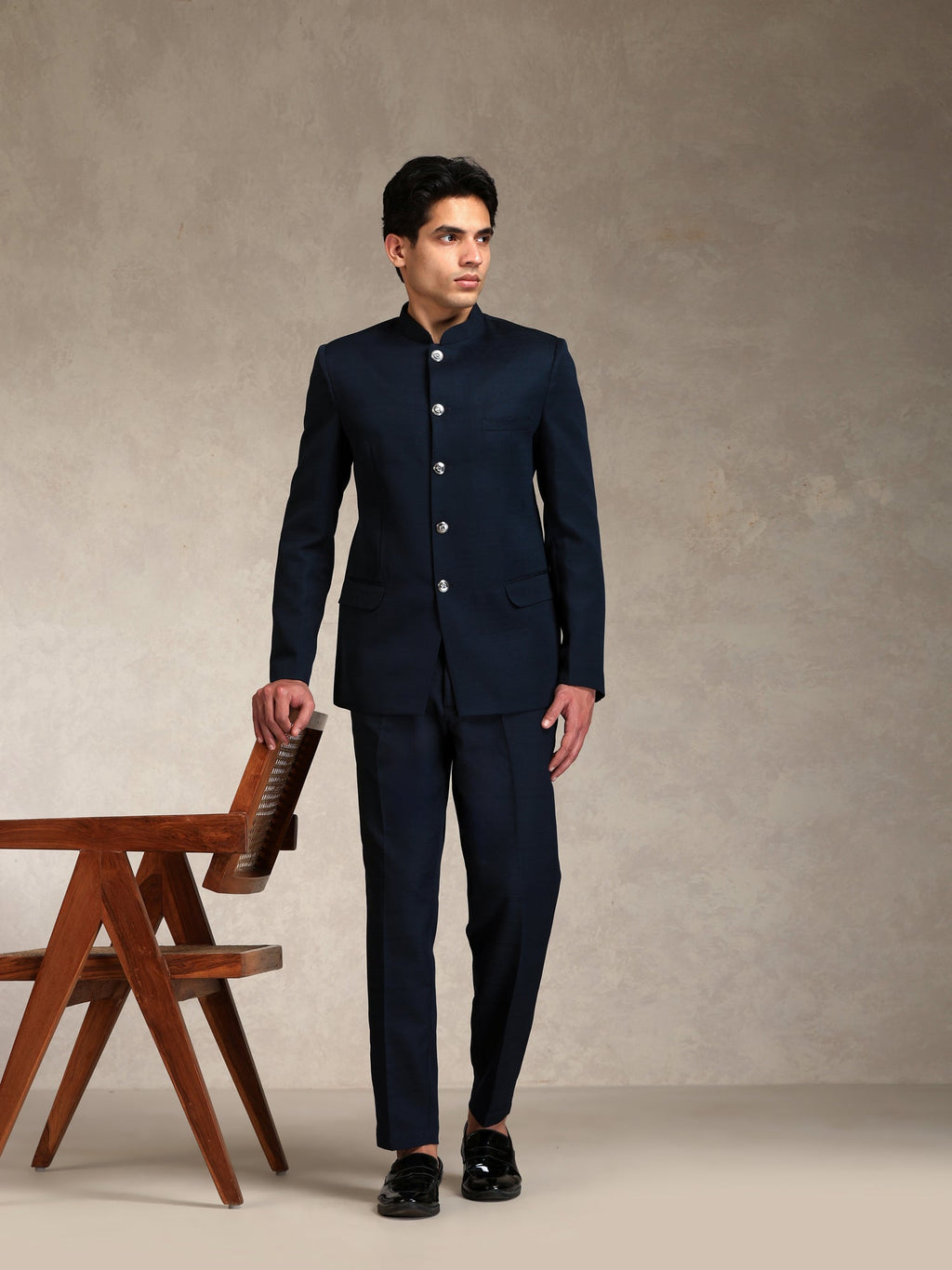 Navy Blue Poly Viscose Solid Bandhgala Trouser Set