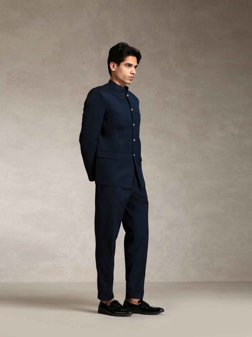 Navy Blue Poly Viscose Solid Bandhgala Trouser Set