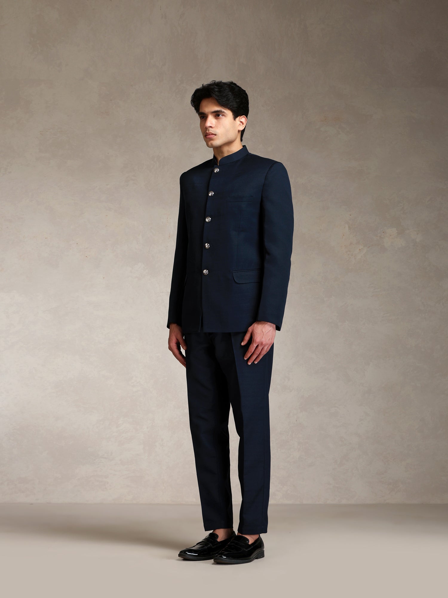 Navy Blue Poly Viscose Solid Bandhgala Trouser Set