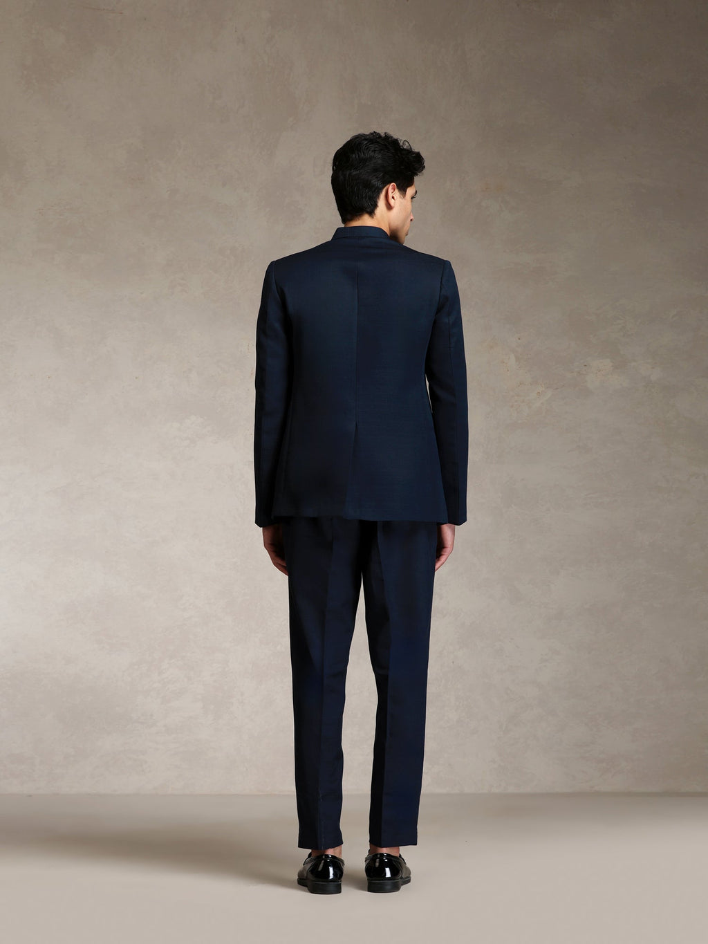 Navy Blue Poly Viscose Solid Bandhgala Trouser Set