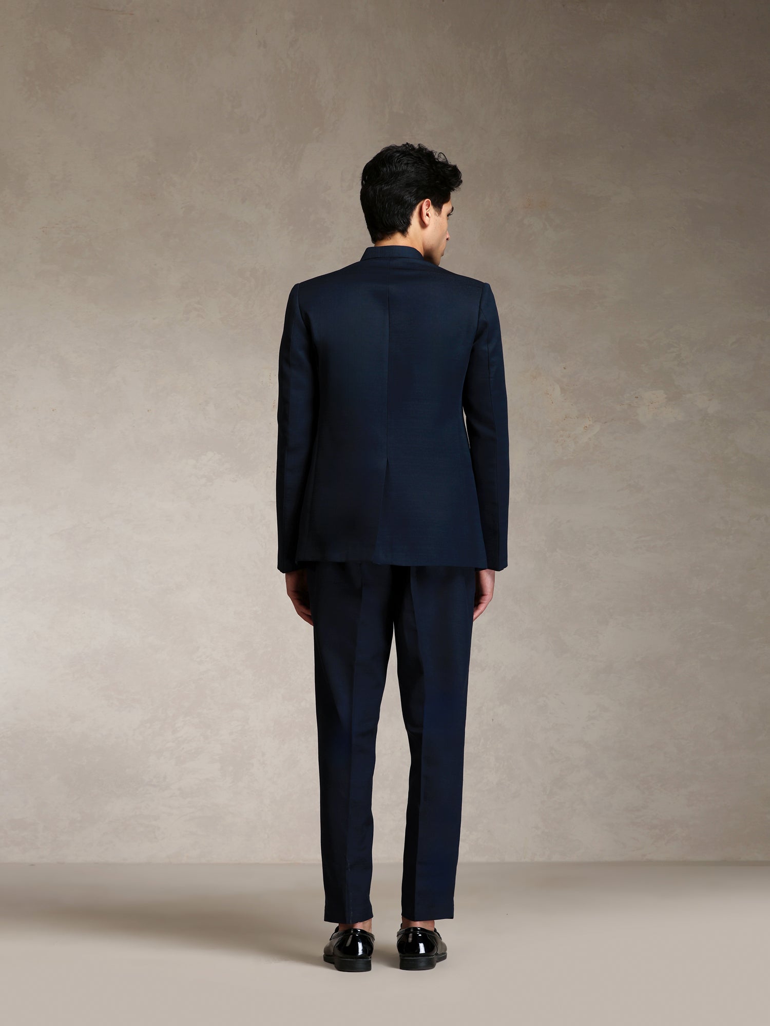 Navy Blue Poly Viscose Solid Bandhgala Trouser Set
