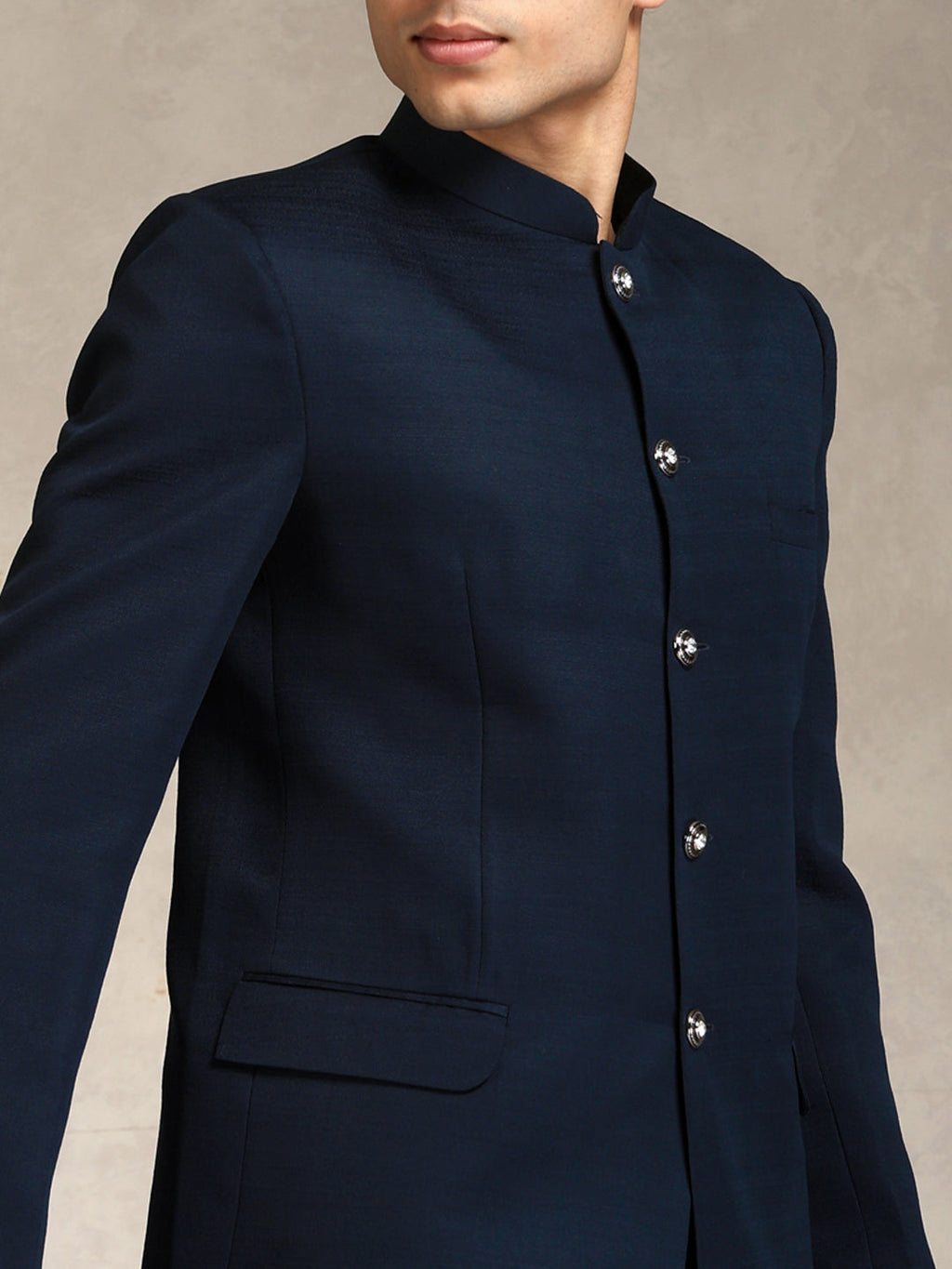Navy Blue Poly Viscose Solid Bandhgala Trouser Set