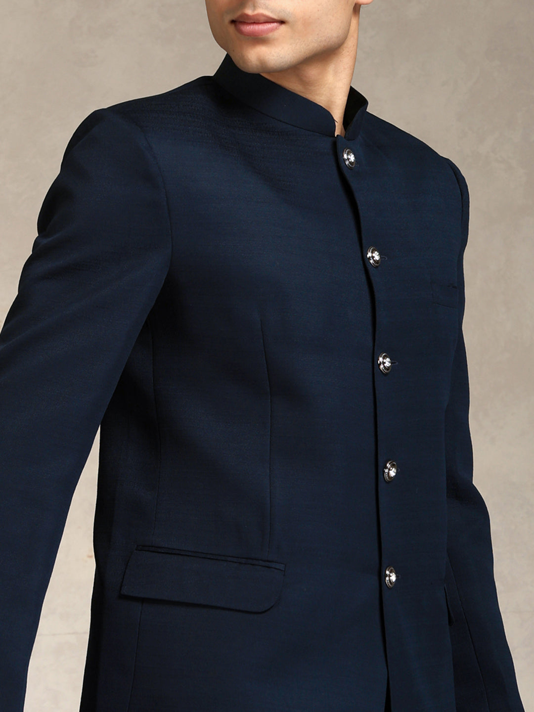 Navy Blue Poly Viscose Solid Bandhgala Trouser Set