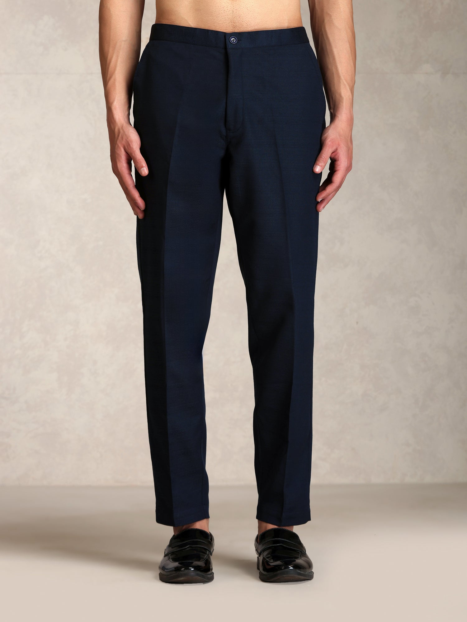 Navy Blue Poly Viscose Solid Bandhgala Trouser Set