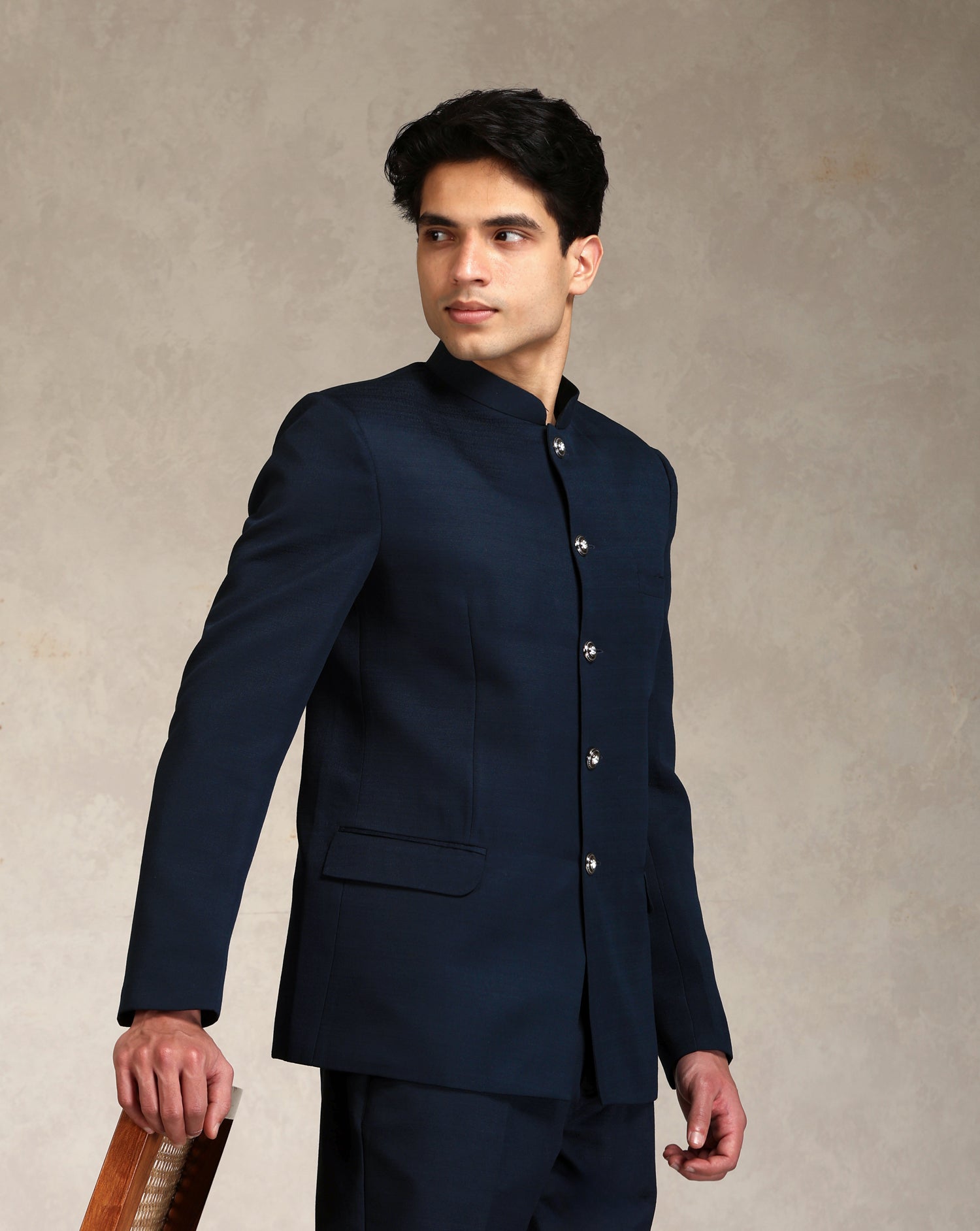 Navy Blue Poly Viscose Solid Bandhgala Trouser Set