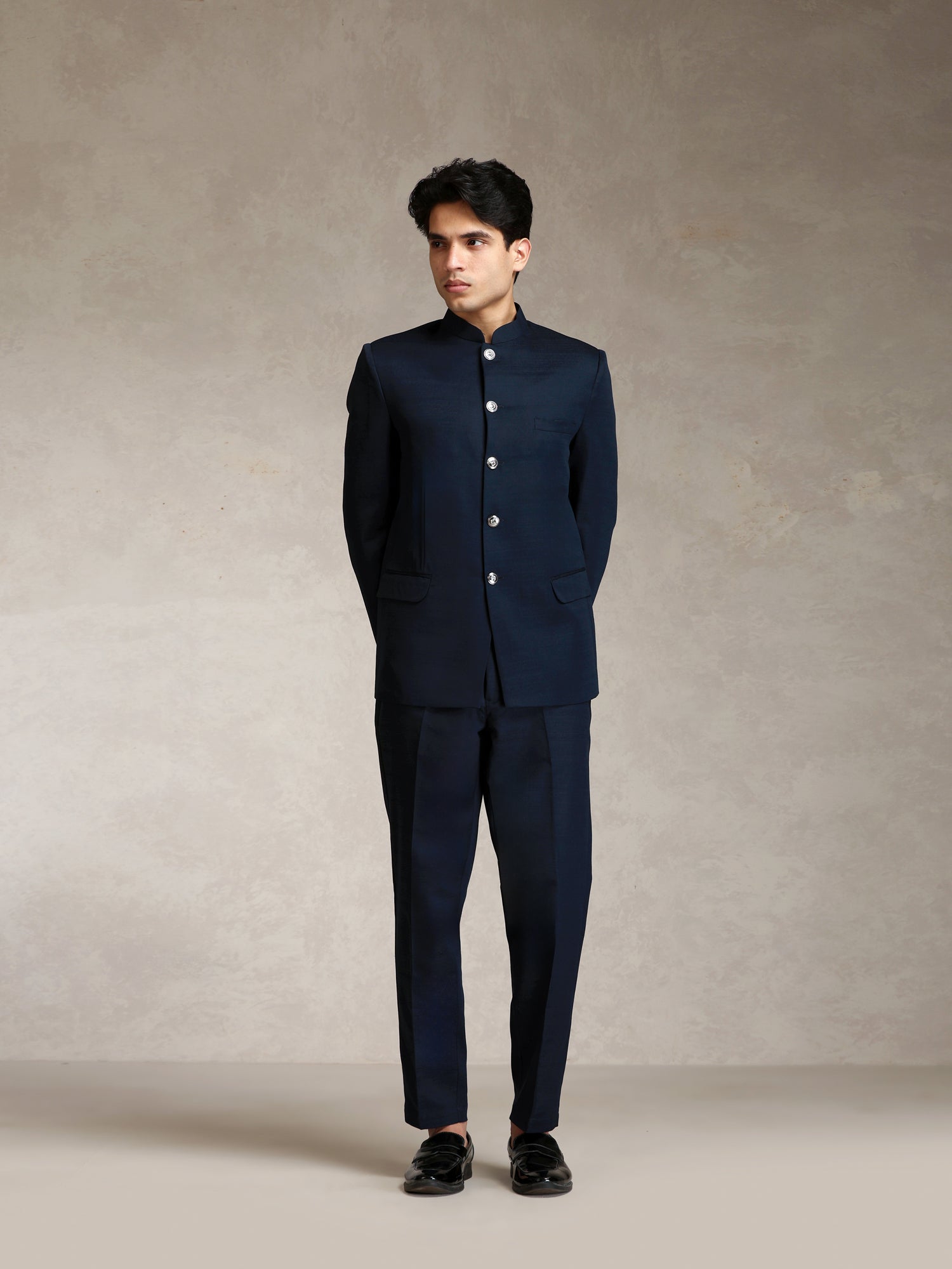 Navy Blue Poly Viscose Solid Bandhgala Trouser Set