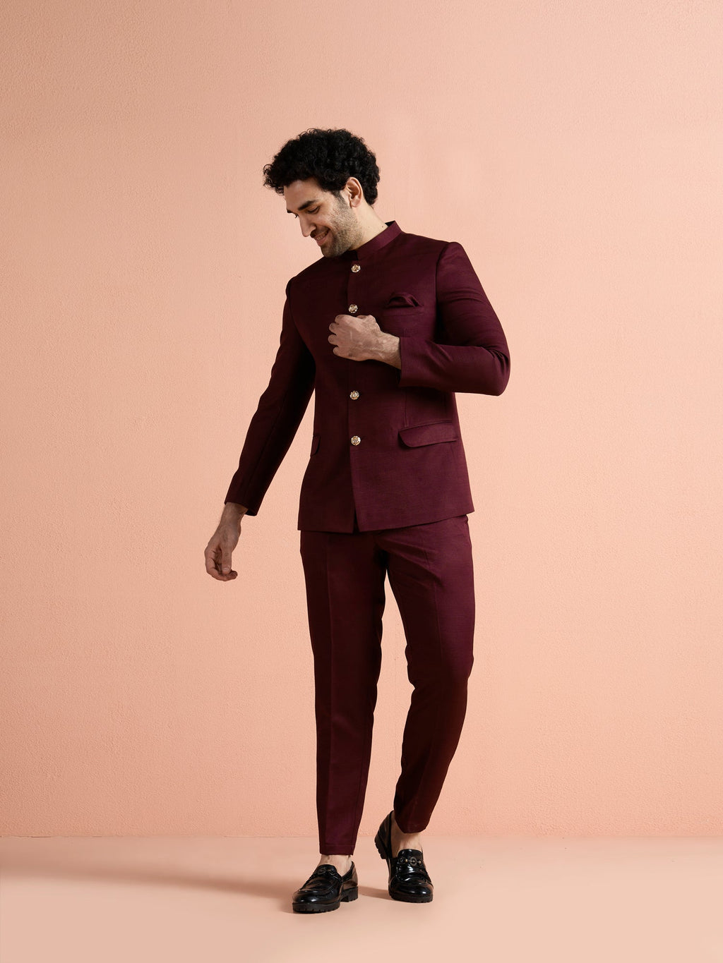 Wine Poly Viscose Solid Bandhgala Trouser Set