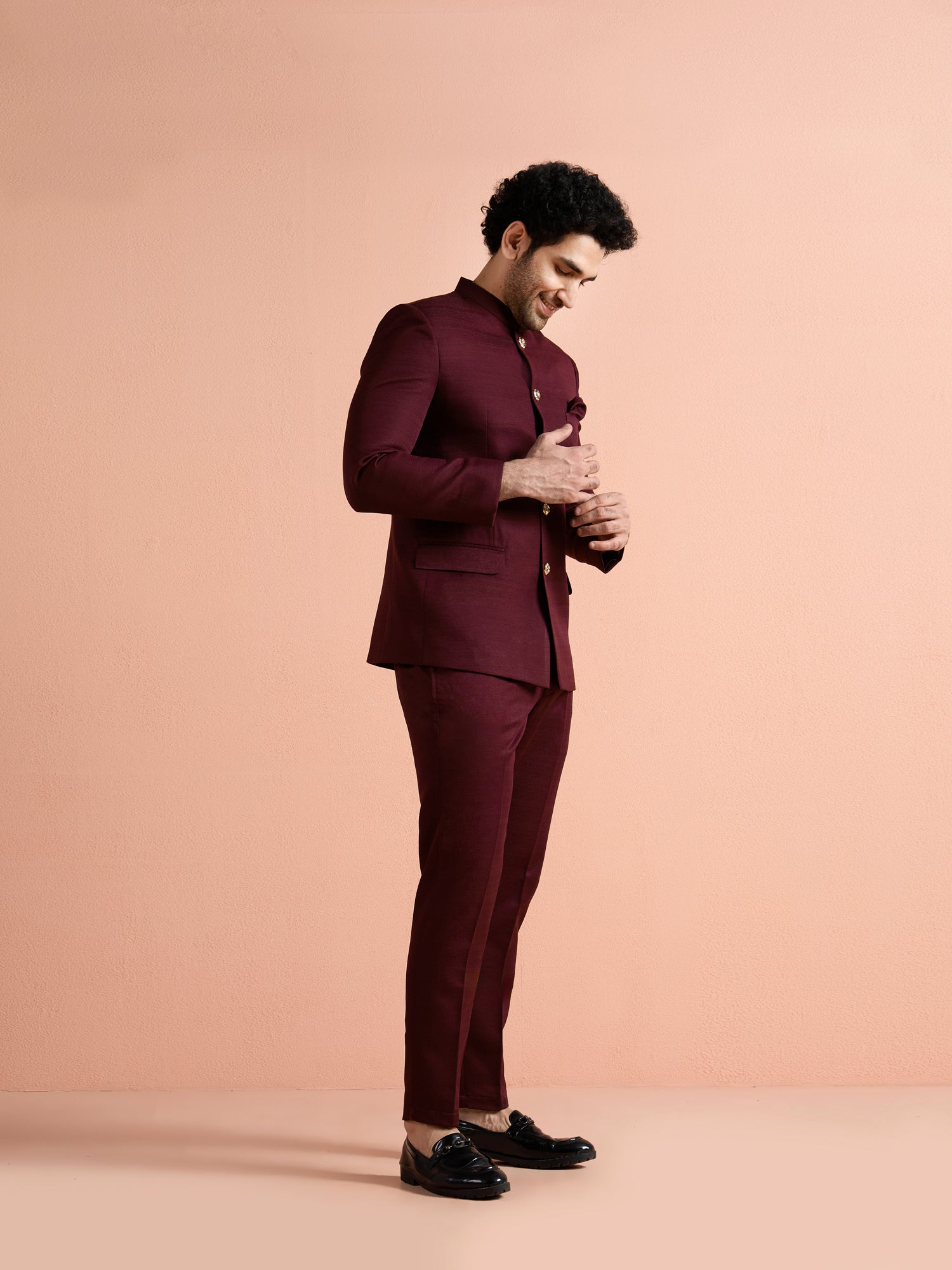 Wine Poly Viscose Solid Bandhgala Trouser Set