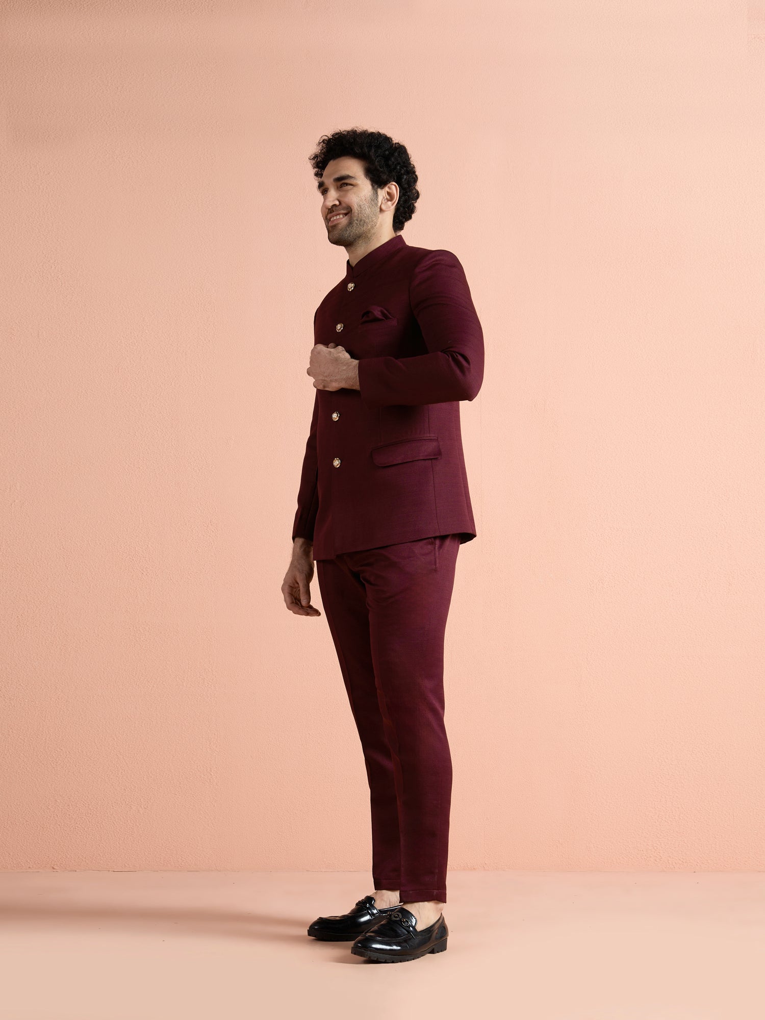 Wine Poly Viscose Solid Bandhgala Trouser Set