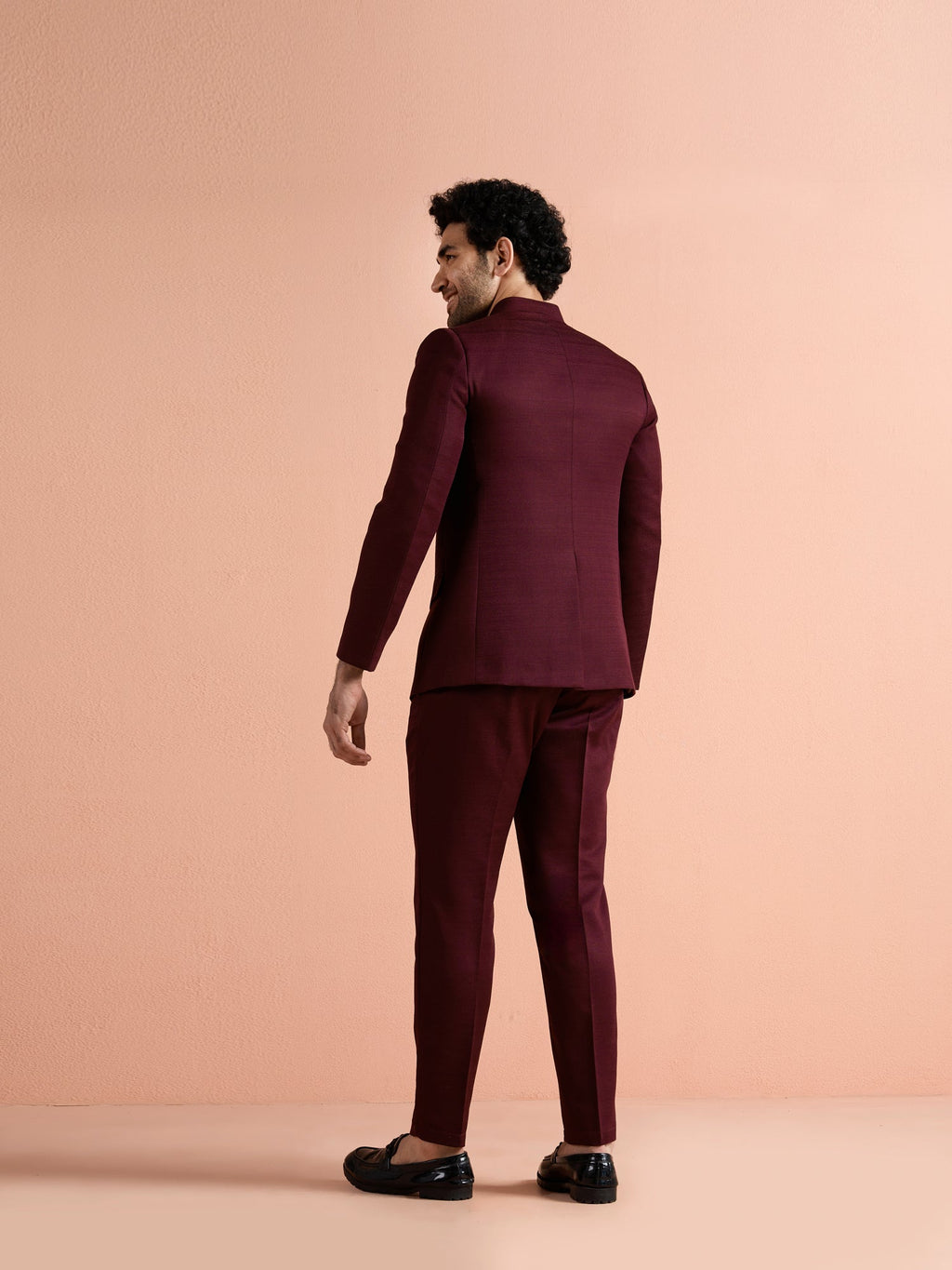 Wine Poly Viscose Solid Bandhgala Trouser Set