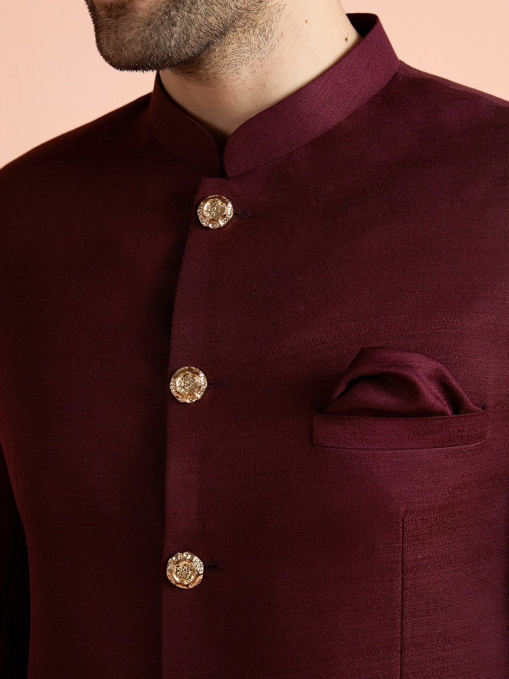 Wine Poly Viscose Solid Bandhgala Trouser Set