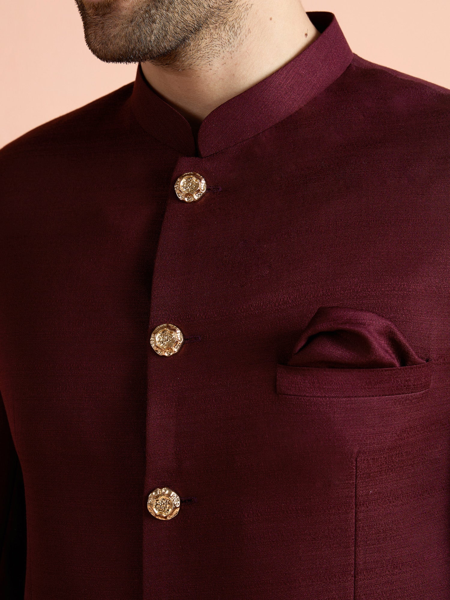 Wine Poly Viscose Solid Bandhgala Trouser Set