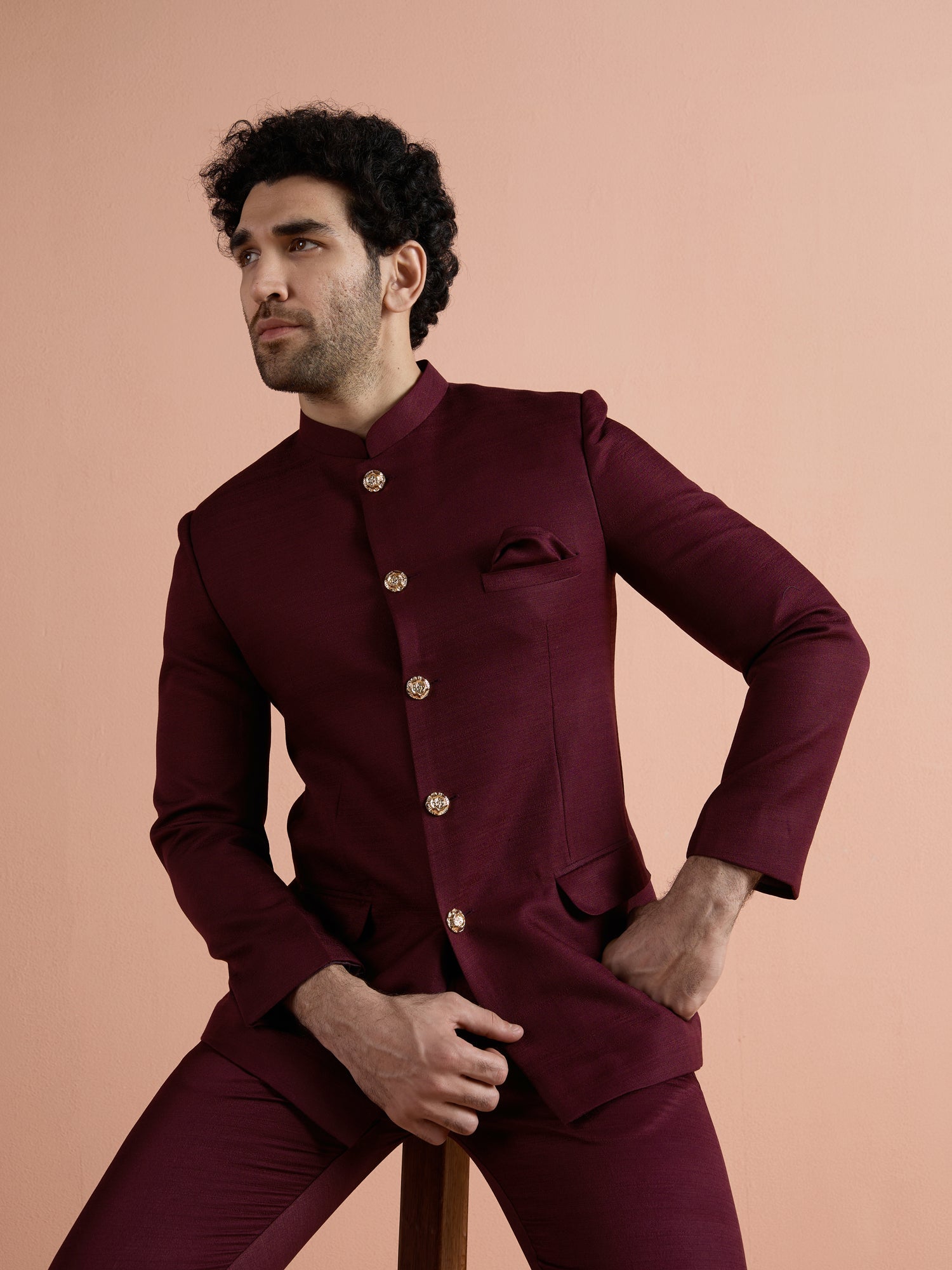 Wine Poly Viscose Solid Bandhgala Trouser Set