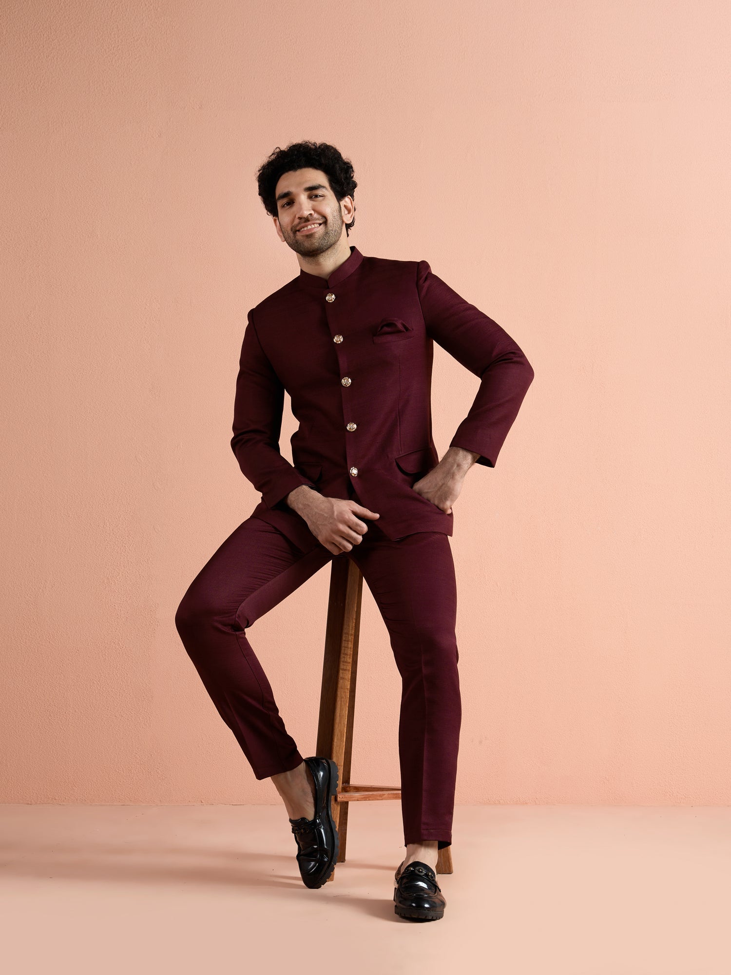 Wine Poly Viscose Solid Bandhgala Trouser Set
