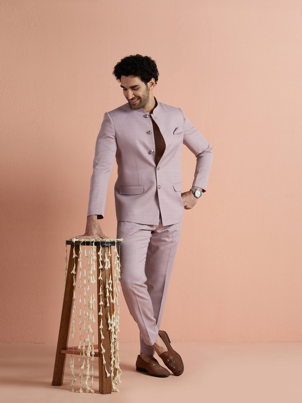 Mauve Poly Viscose Solid Bandhgala Trouser Set