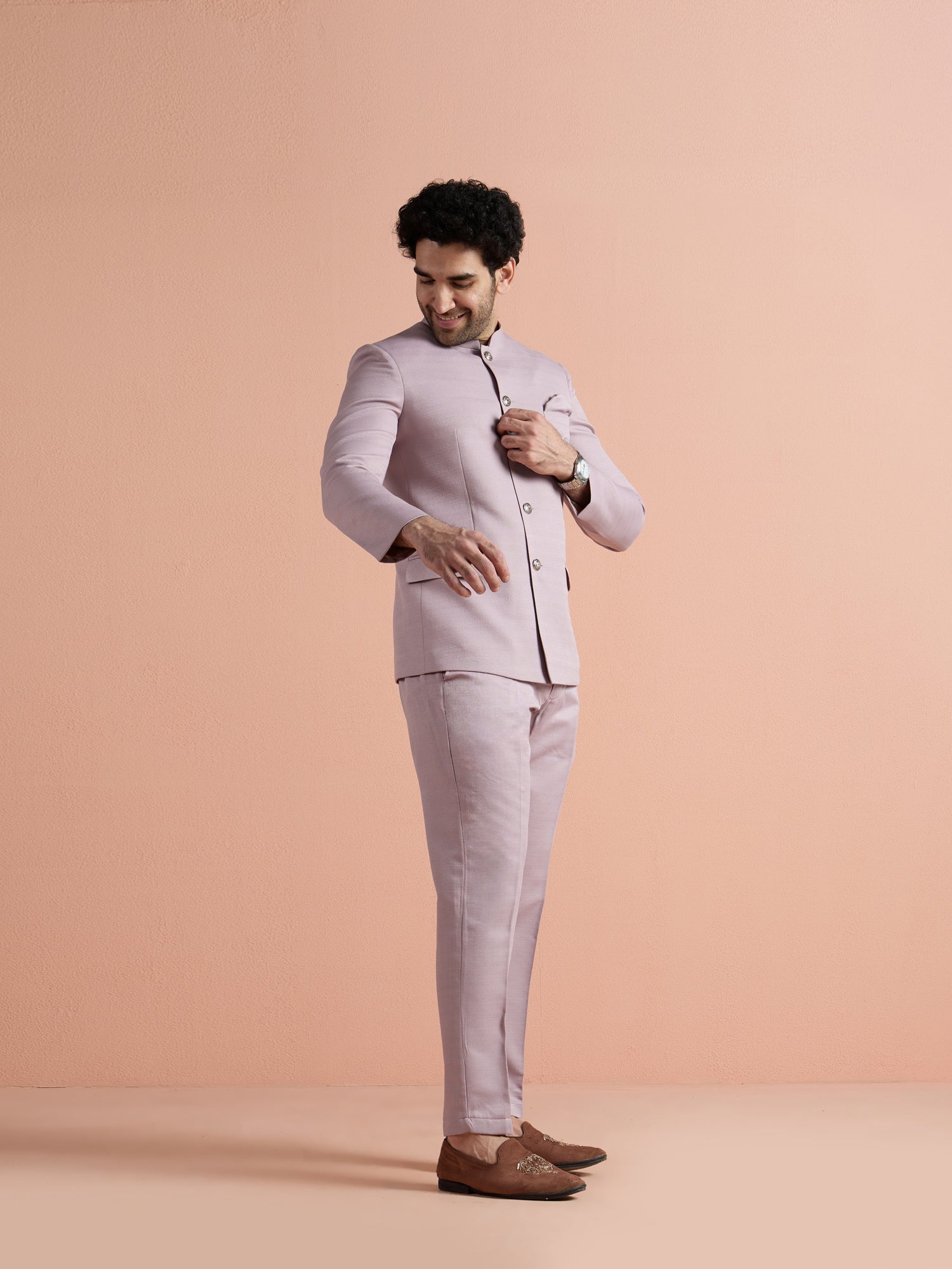 Mauve Poly Viscose Solid Bandhgala Trouser Set