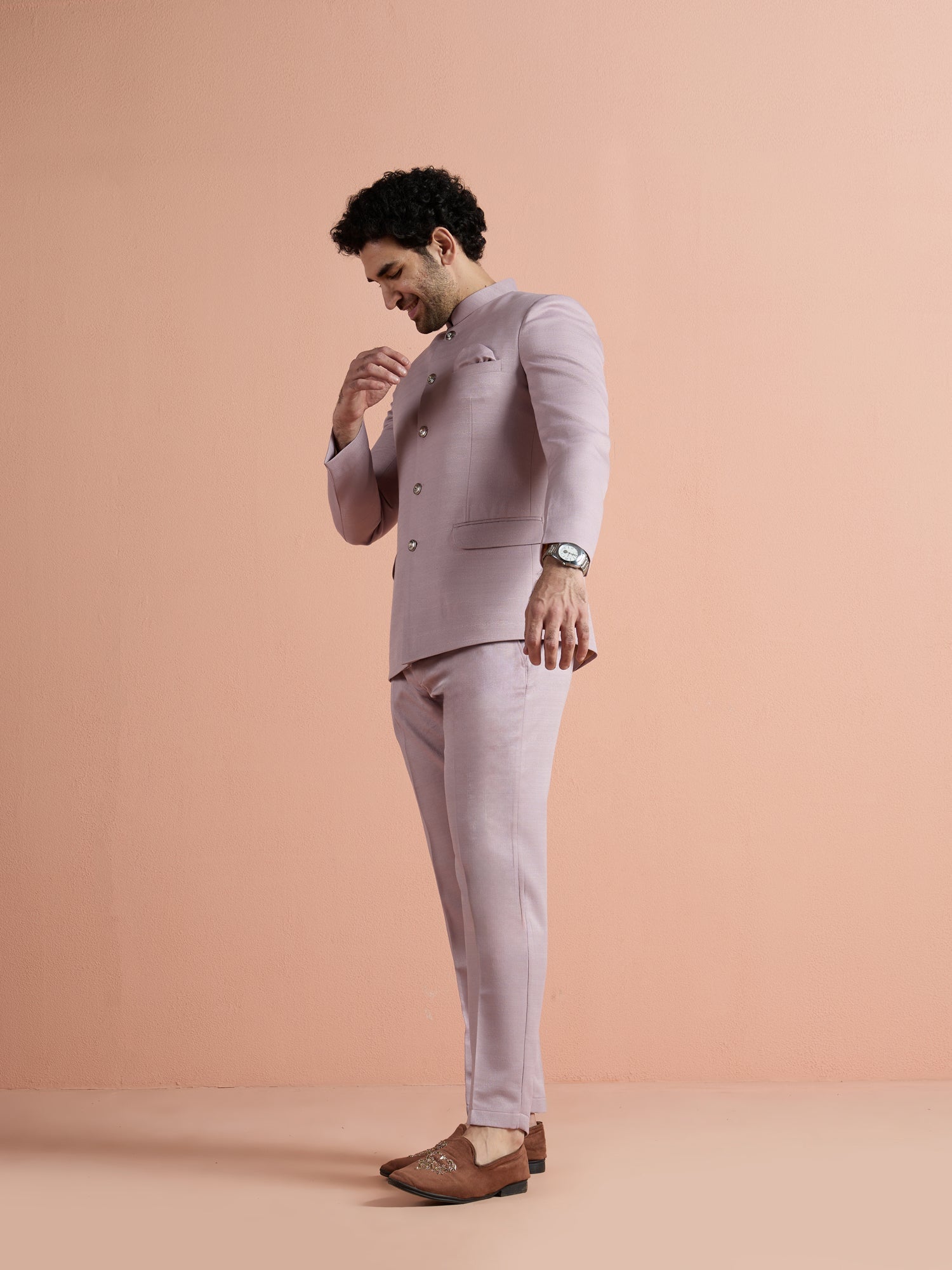 Mauve Poly Viscose Solid Bandhgala Trouser Set