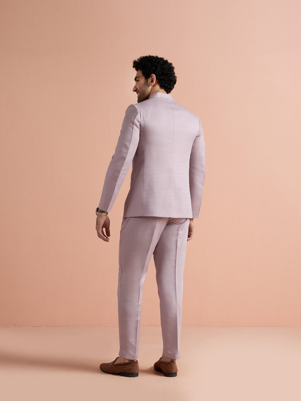 Mauve Poly Viscose Solid Bandhgala Trouser Set
