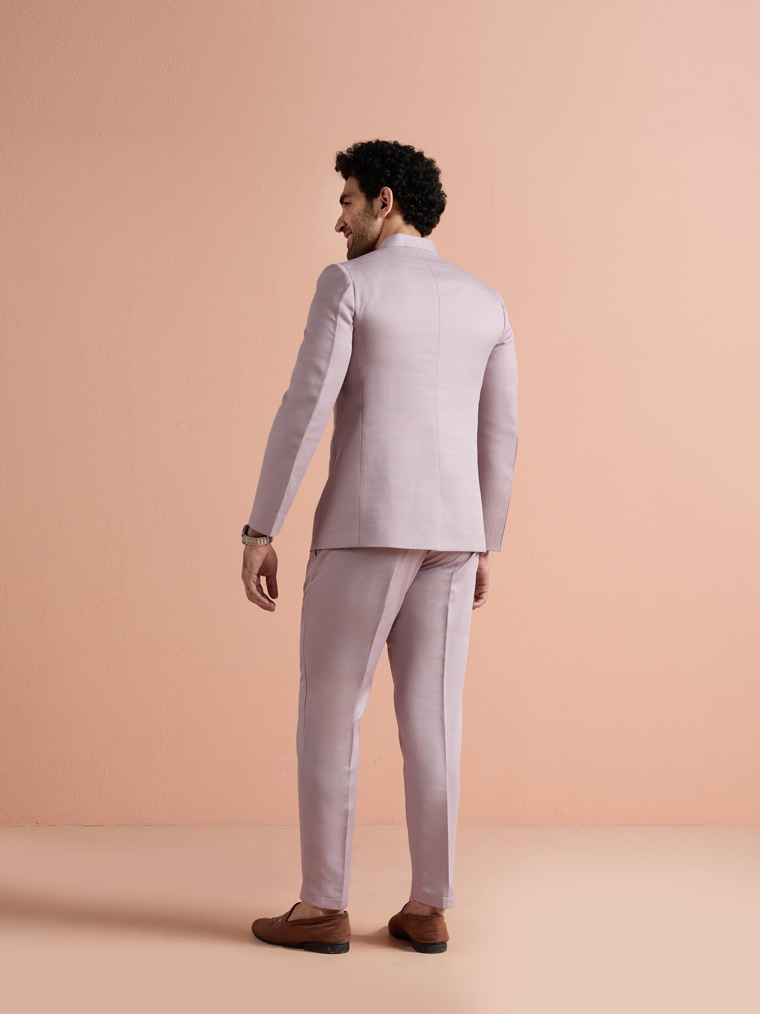 Mauve Poly Viscose Solid Bandhgala Trouser Set