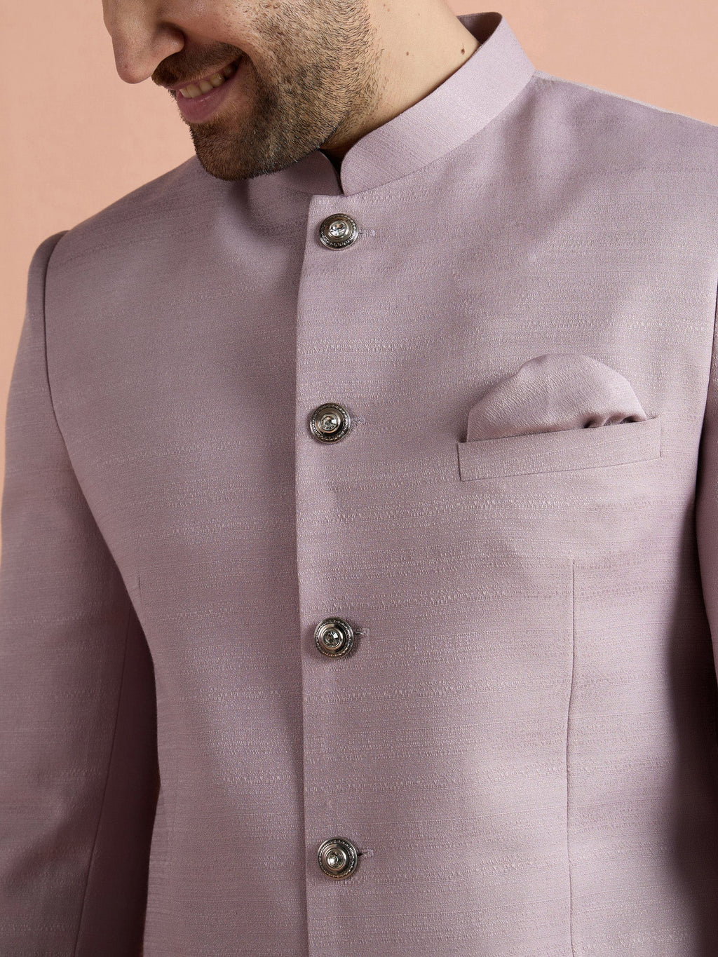 Mauve Poly Viscose Solid Bandhgala Trouser Set