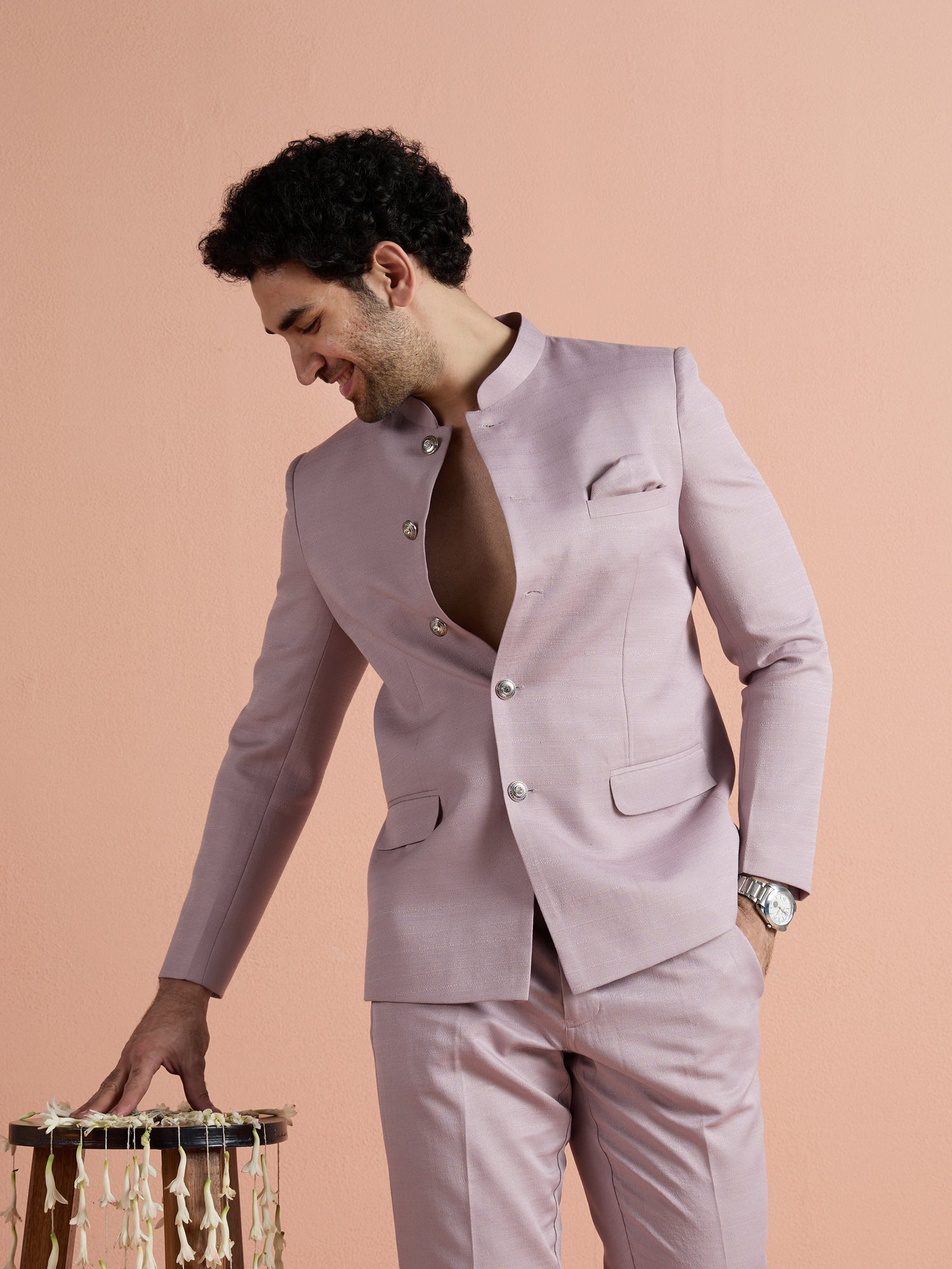 Mauve Poly Viscose Solid Bandhgala Trouser Set