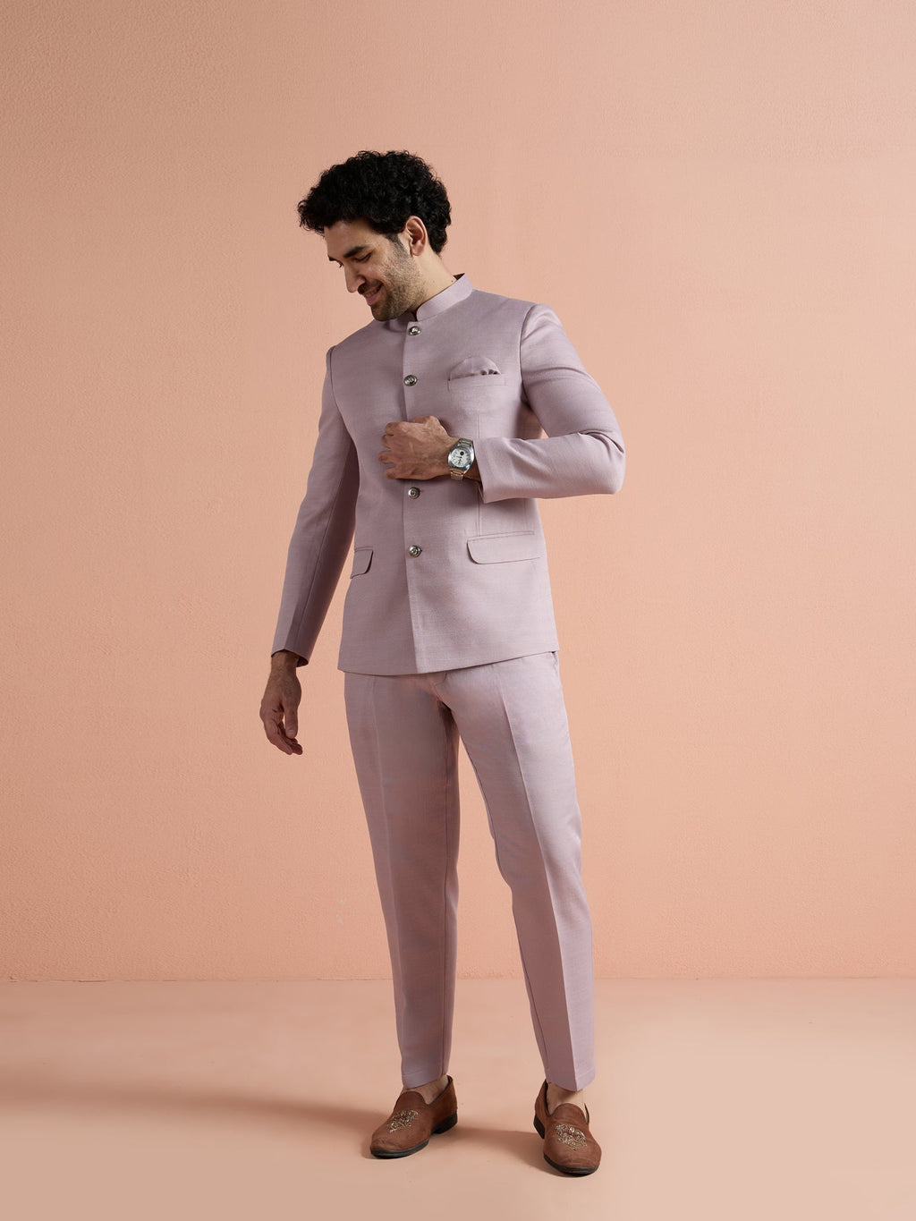 Mauve Poly Viscose Solid Bandhgala Trouser Set