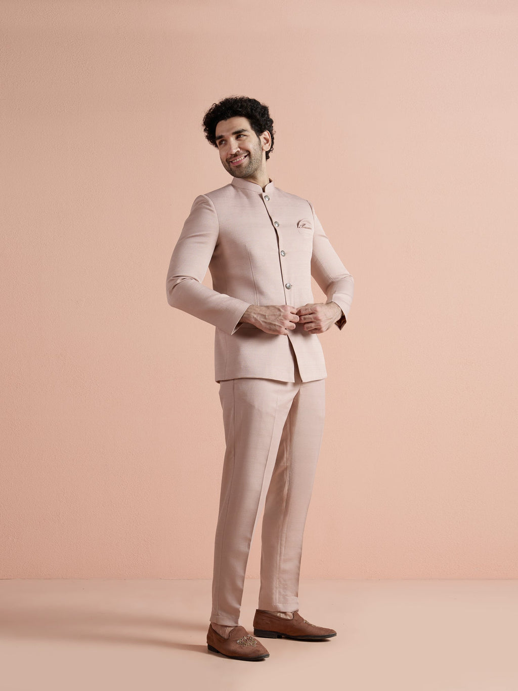 Blush Pink Poly Viscose Solid Bandhgala Trouser Set