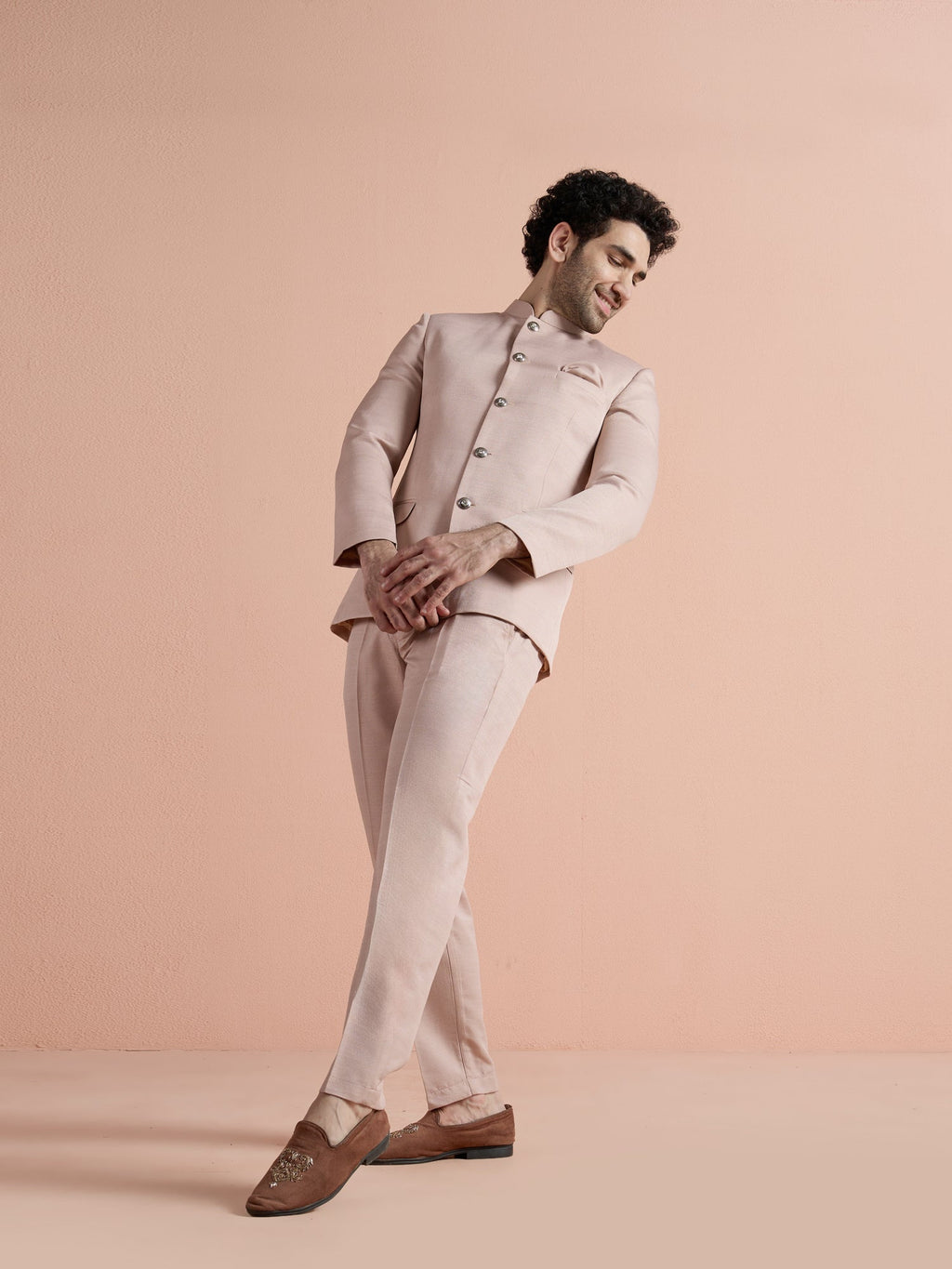 Blush Pink Poly Viscose Solid Bandhgala Trouser Set