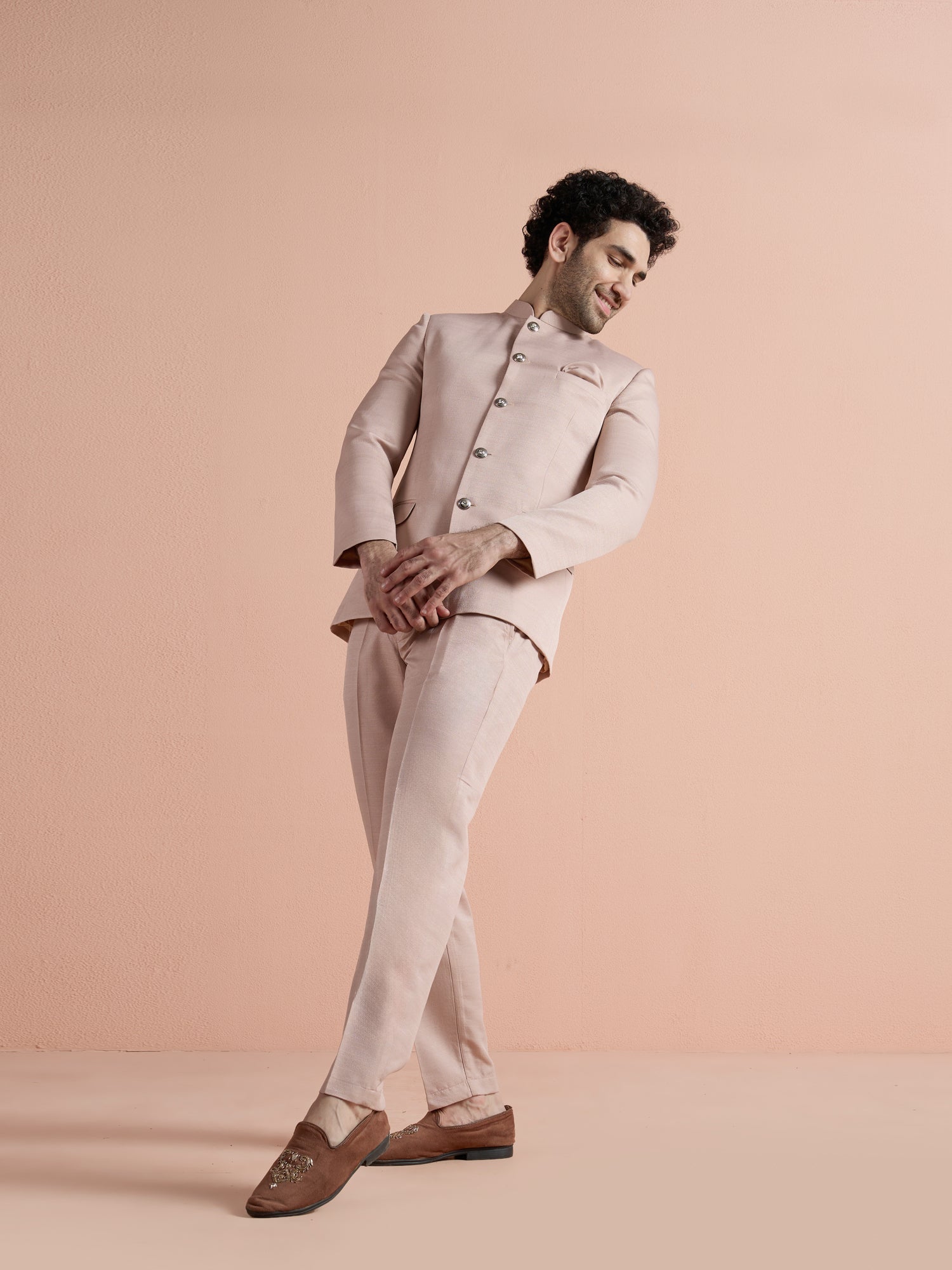 Blush Pink Poly Viscose Solid Bandhgala Trouser Set