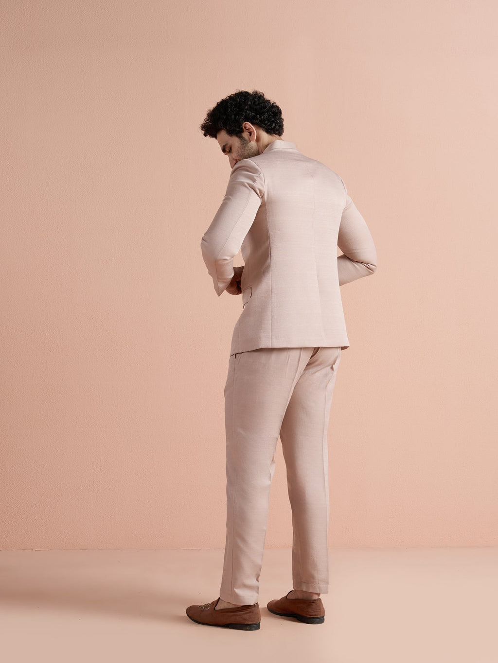 Blush Pink Poly Viscose Solid Bandhgala Trouser Set