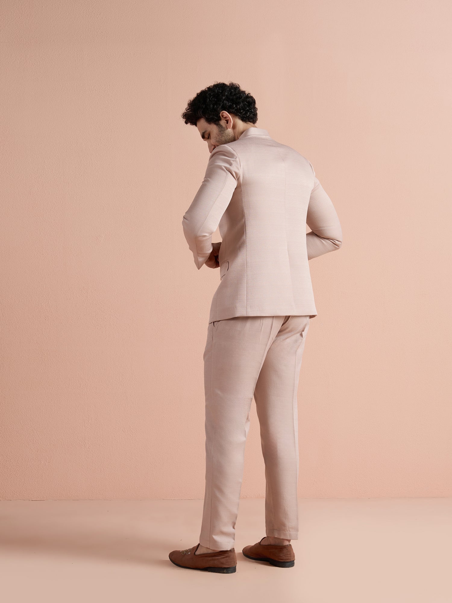 Blush Pink Poly Viscose Solid Bandhgala Trouser Set