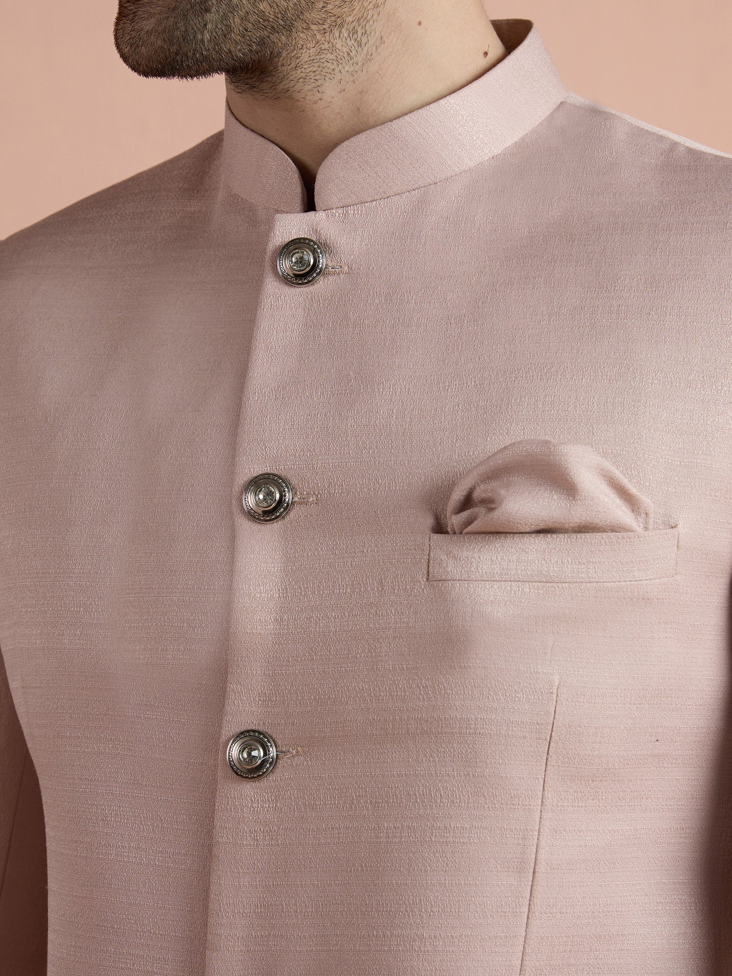Blush Pink Poly Viscose Solid Bandhgala Trouser Set