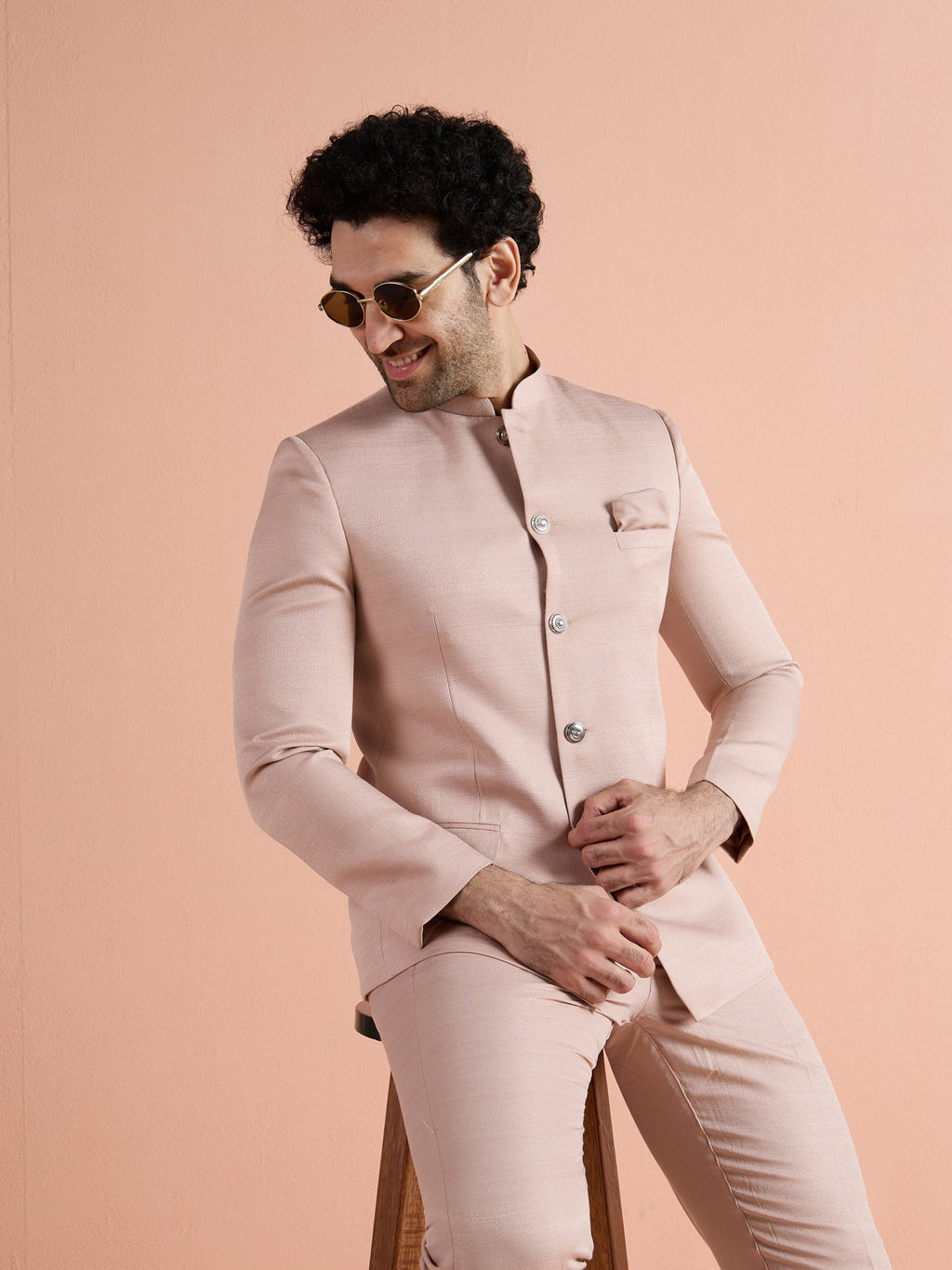 Blush Pink Poly Viscose Solid Bandhgala Trouser Set