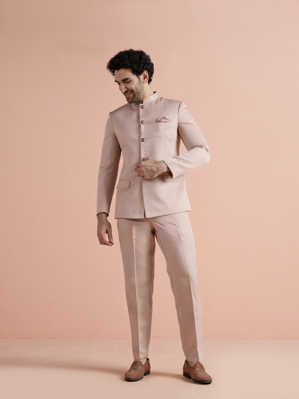 Blush Pink Poly Viscose Solid Bandhgala Trouser Set