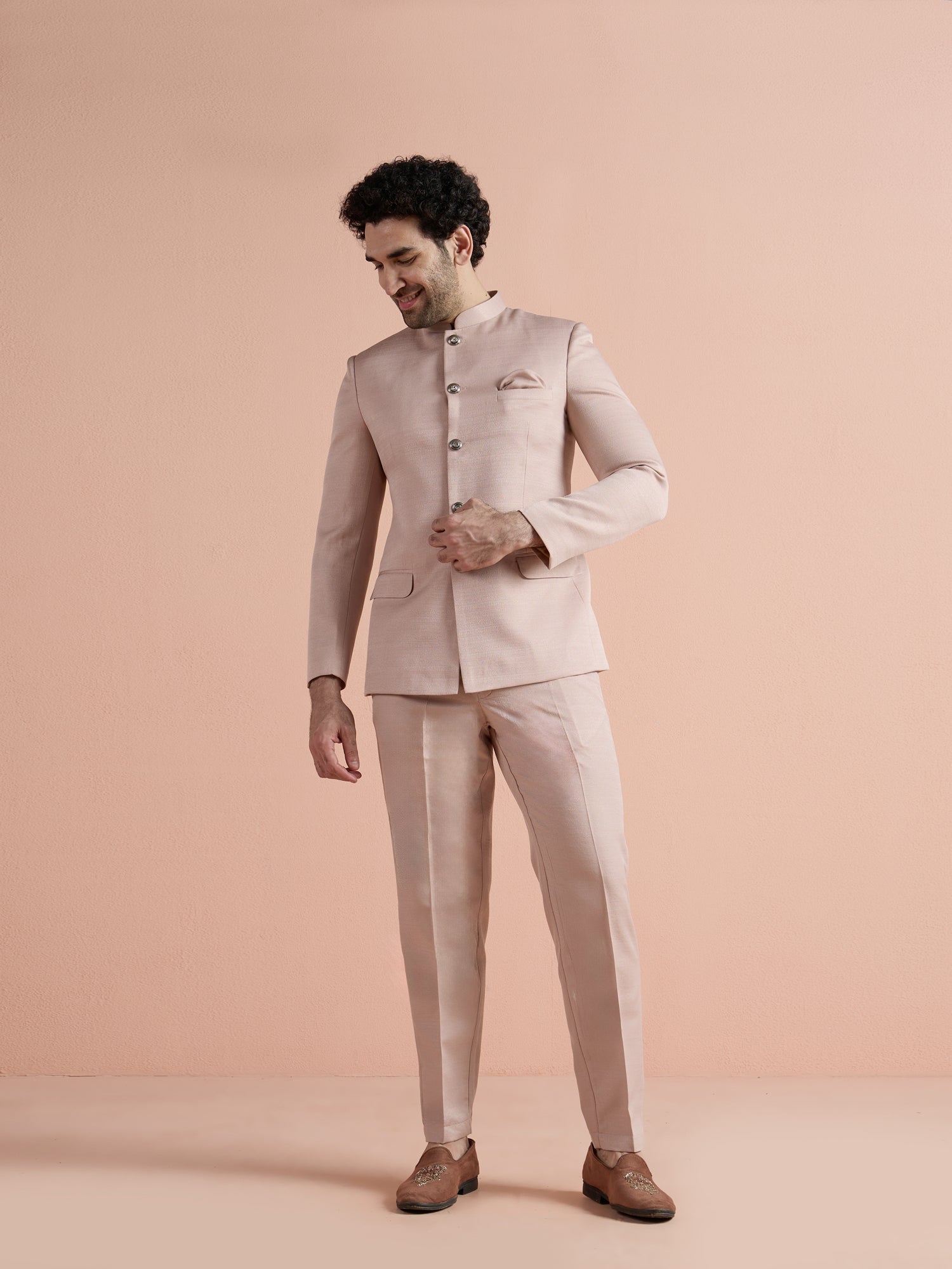 Blush Pink Poly Viscose Solid Bandhgala Trouser Set