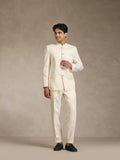 Off White Poly Viscose Solid Bandhgala Trouser Set