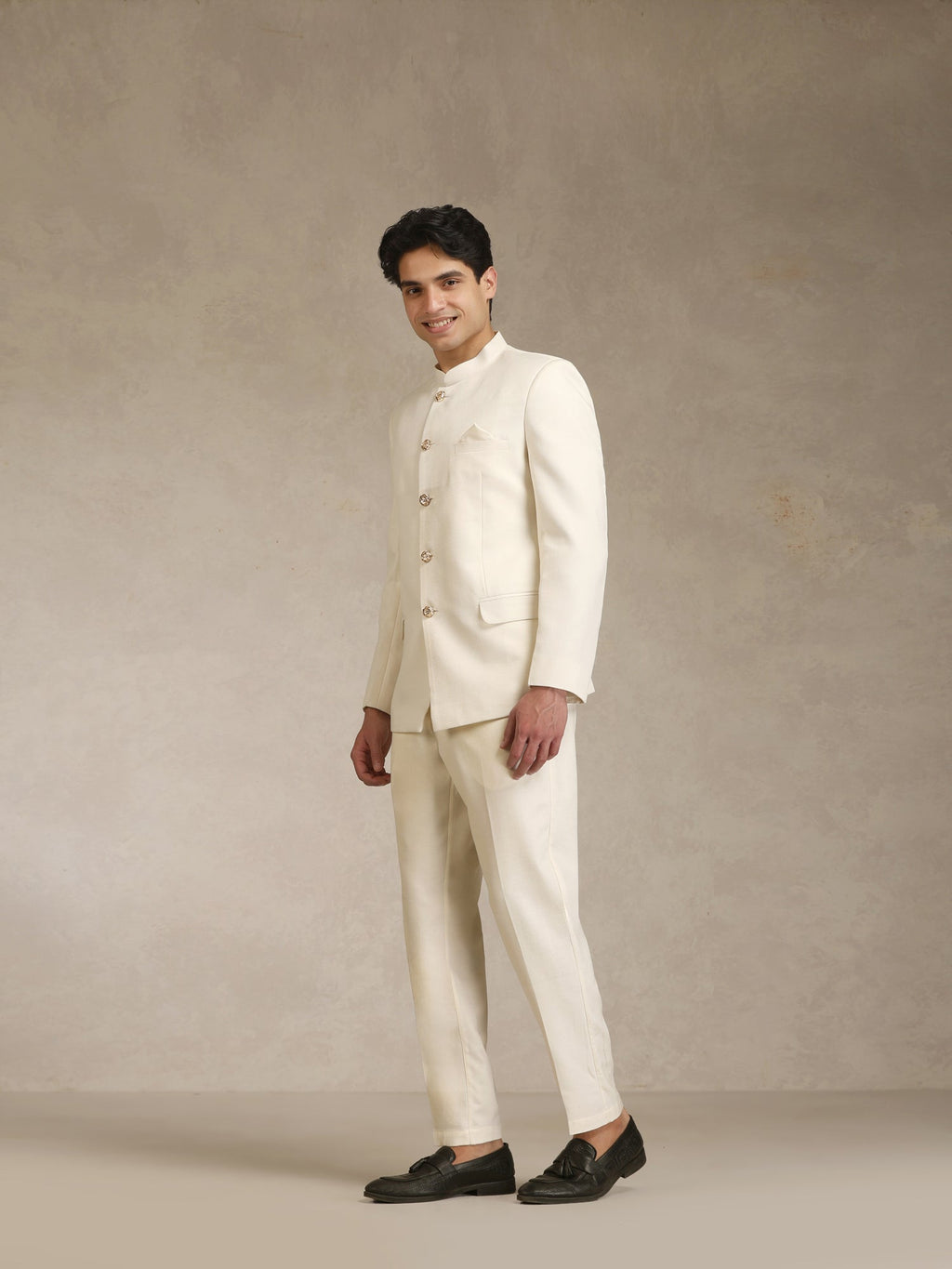 Off White Poly Viscose Solid Bandhgala Trouser Set