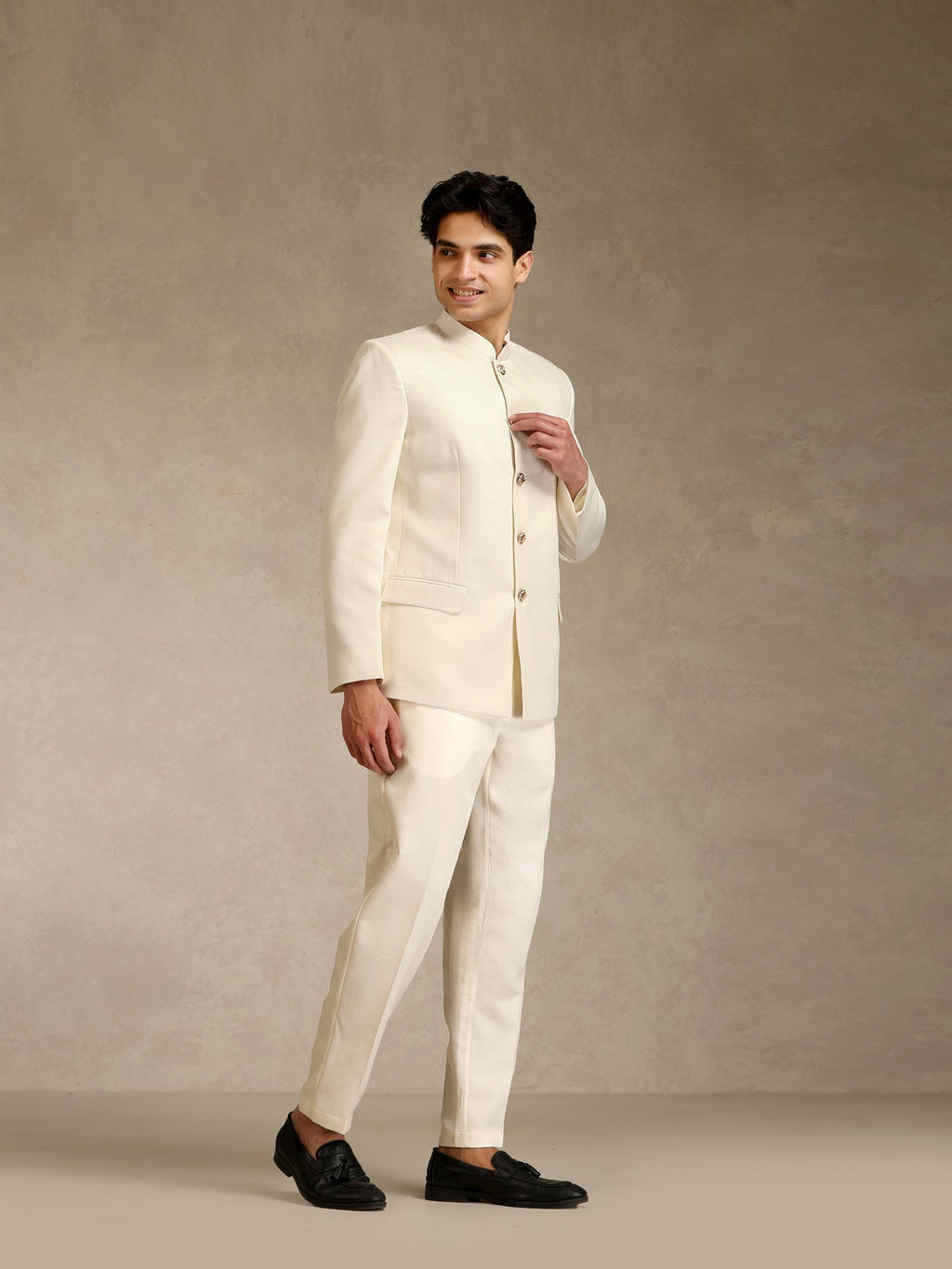 Off White Poly Viscose Solid Bandhgala Trouser Set