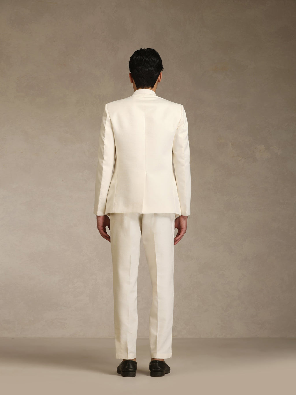 Off White Poly Viscose Solid Bandhgala Trouser Set