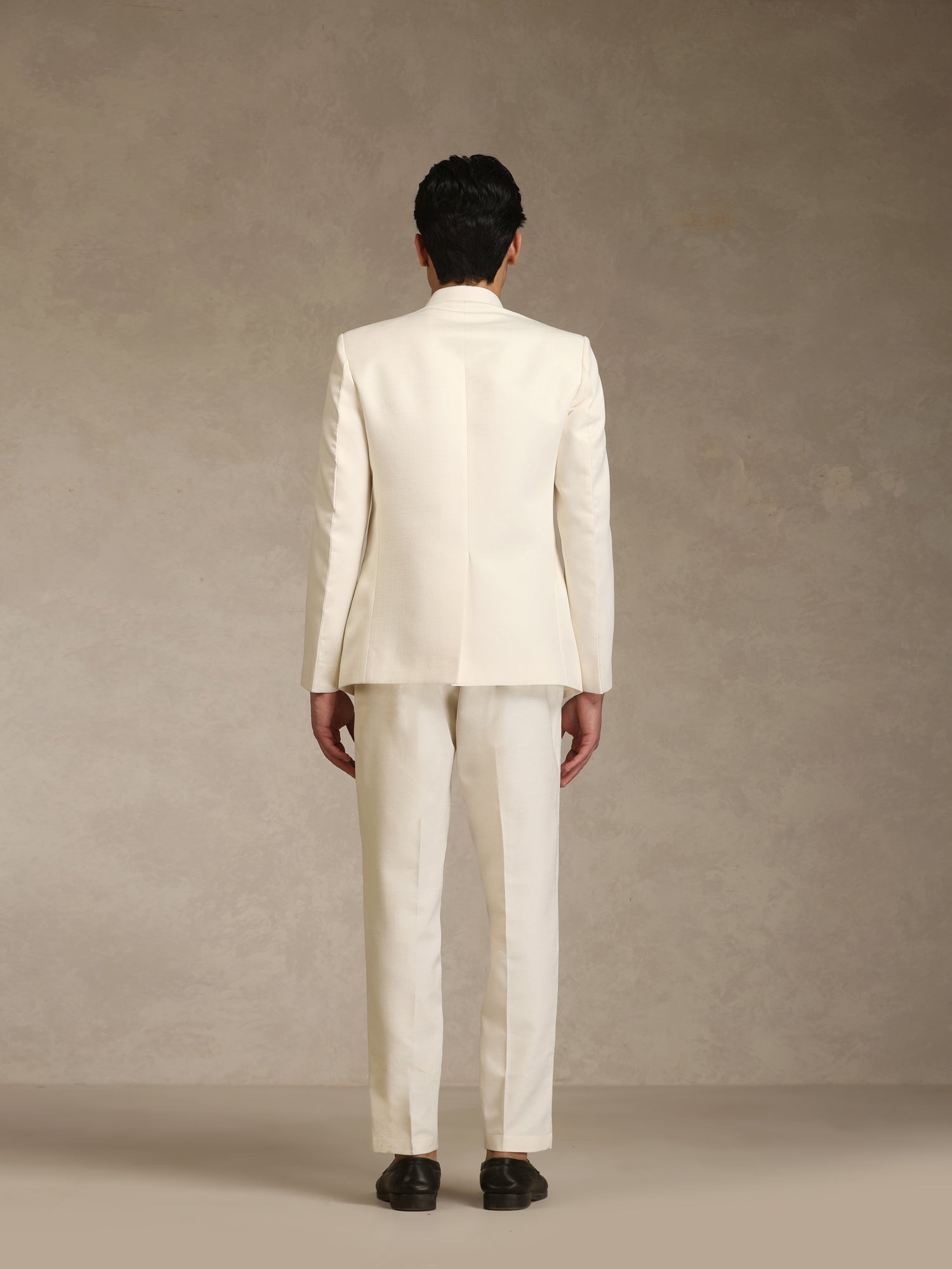 Off White Poly Viscose Solid Bandhgala Trouser Set