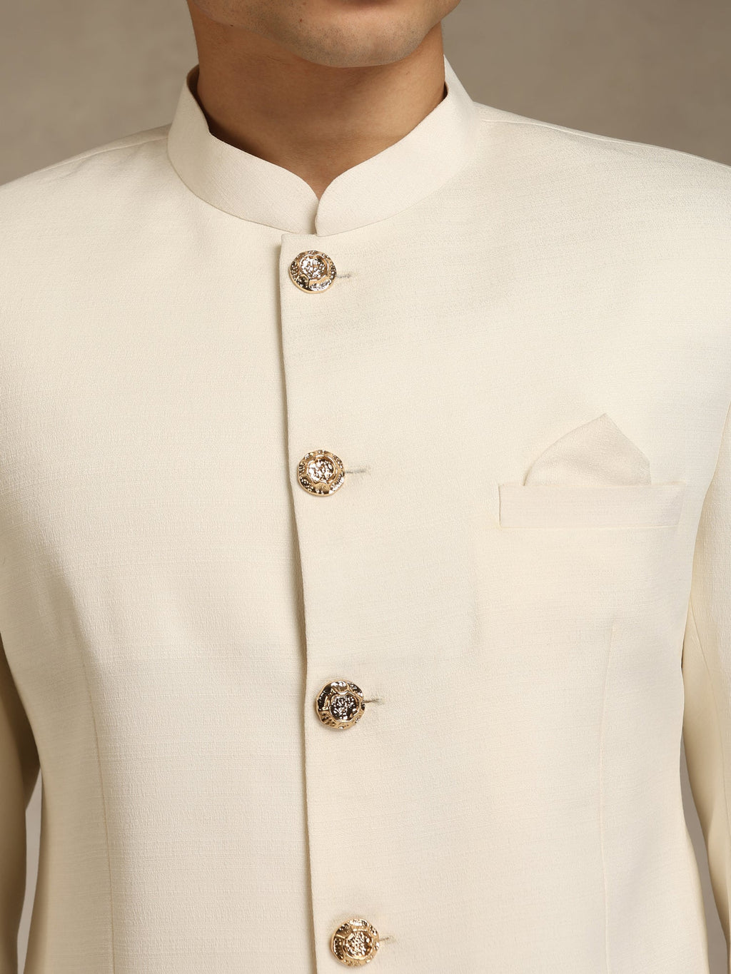 Off White Poly Viscose Solid Bandhgala Trouser Set