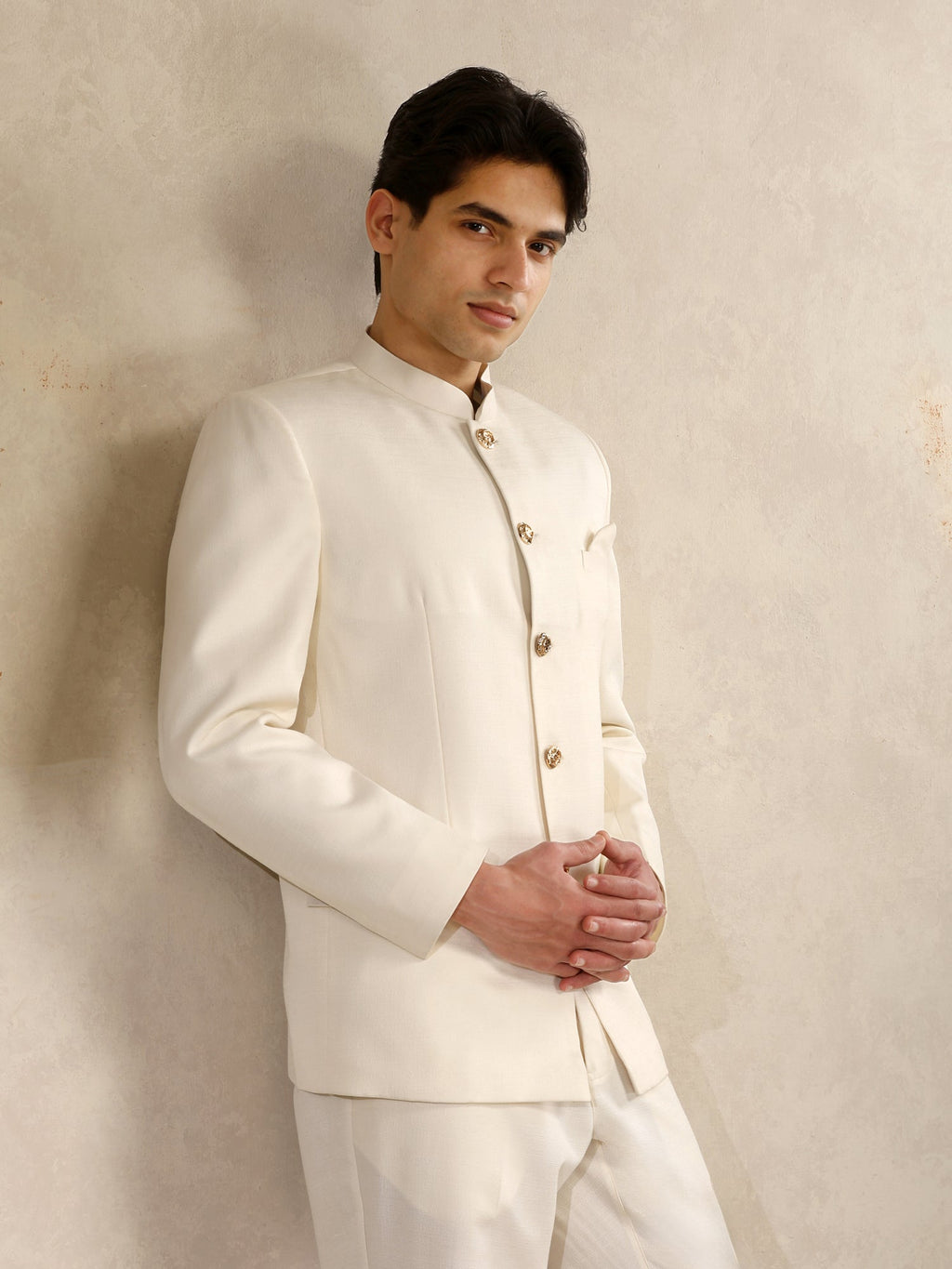 Off White Poly Viscose Solid Bandhgala Trouser Set