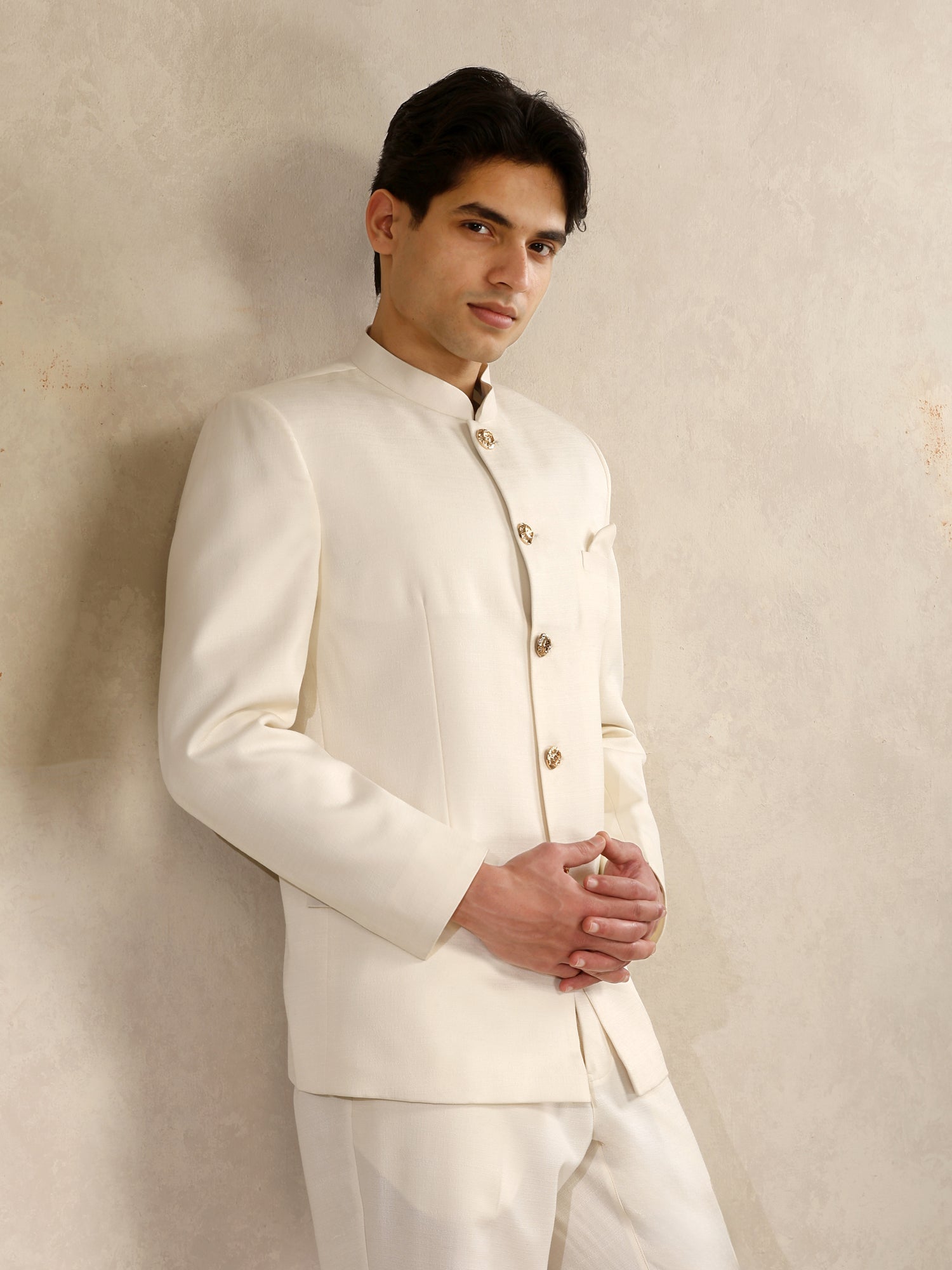 Off White Poly Viscose Solid Bandhgala Trouser Set