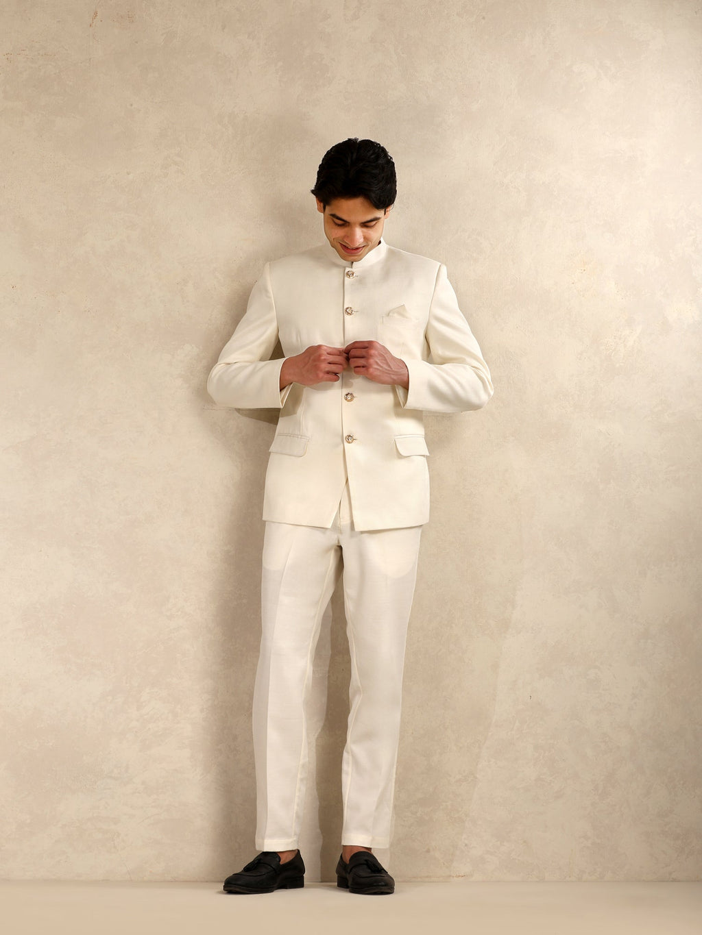 Off White Poly Viscose Solid Bandhgala Trouser Set