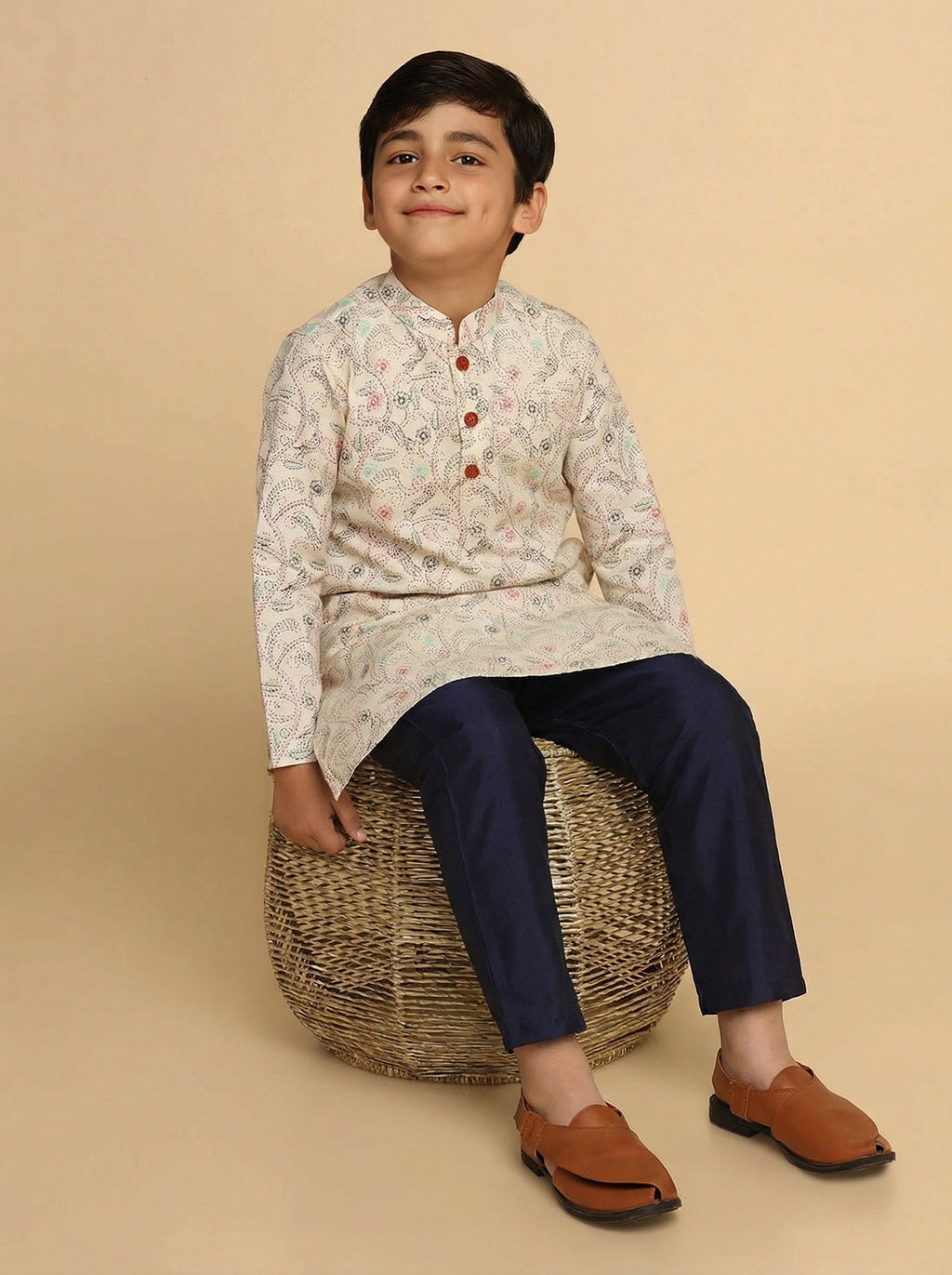White Multicolor Cotton Blend Printed Kurta Pyjama Set