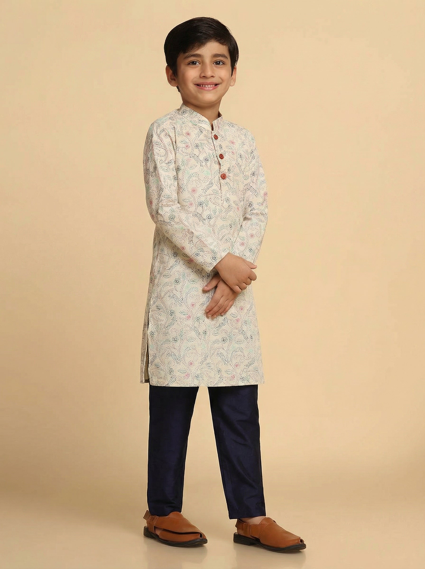 White Multicolor Cotton Blend Printed Kurta Pyjama Set